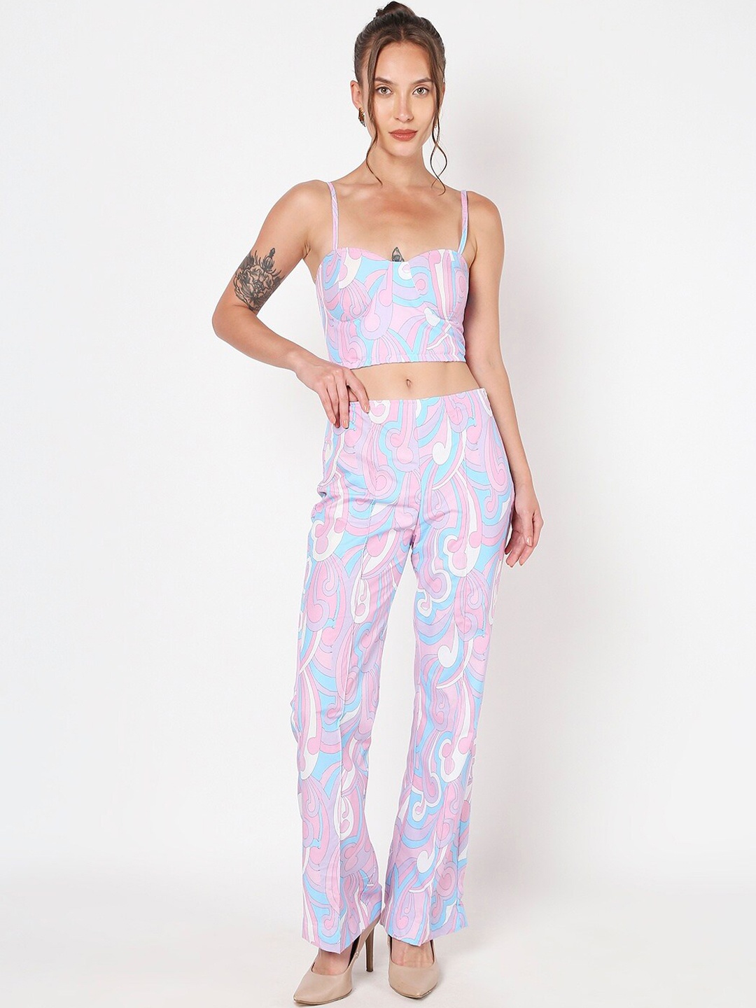 

LIYOKKI Printed Corset Top With Trouser, Pink