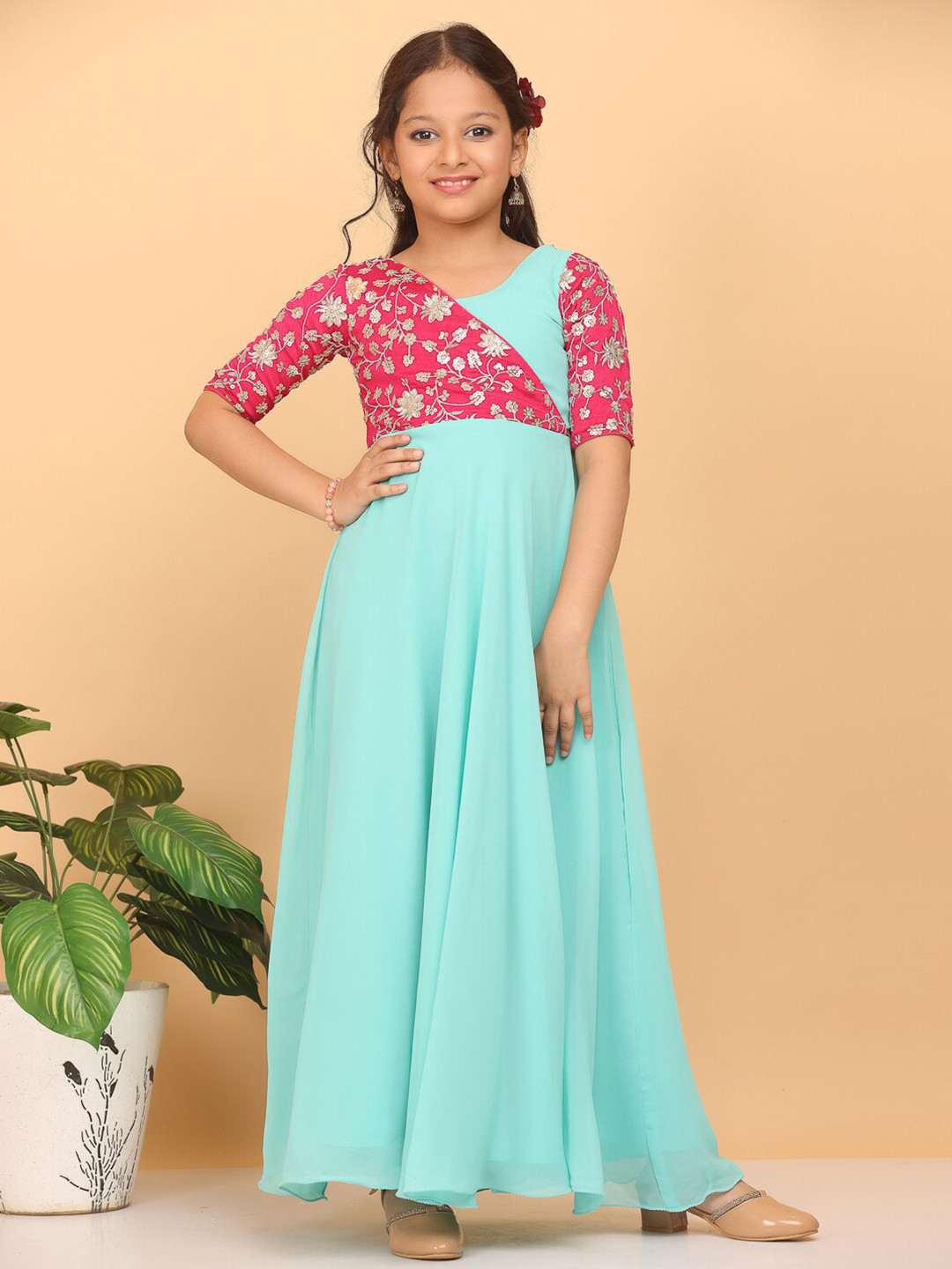 

Ethnovog Girls Floral Embroidered Sequinned Georgette Maxi Dress, Blue