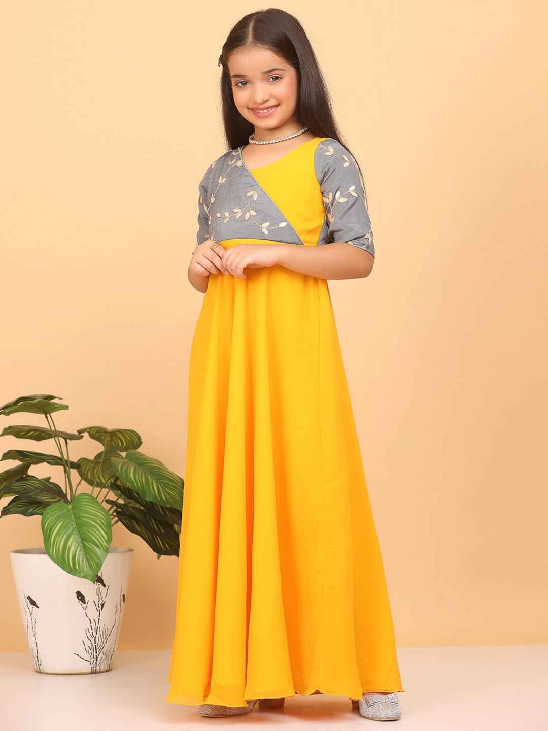 

Ethnovog Girls Floral Embroidered Georgette Maxi Dress, Yellow