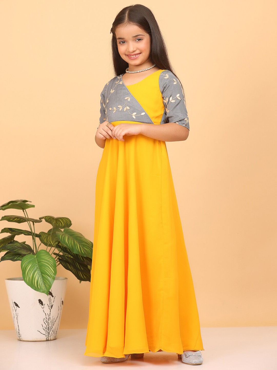 

Ethnovog Girls Colourblocked V-Neck Embroidered Georgette Maxi Dress, Yellow