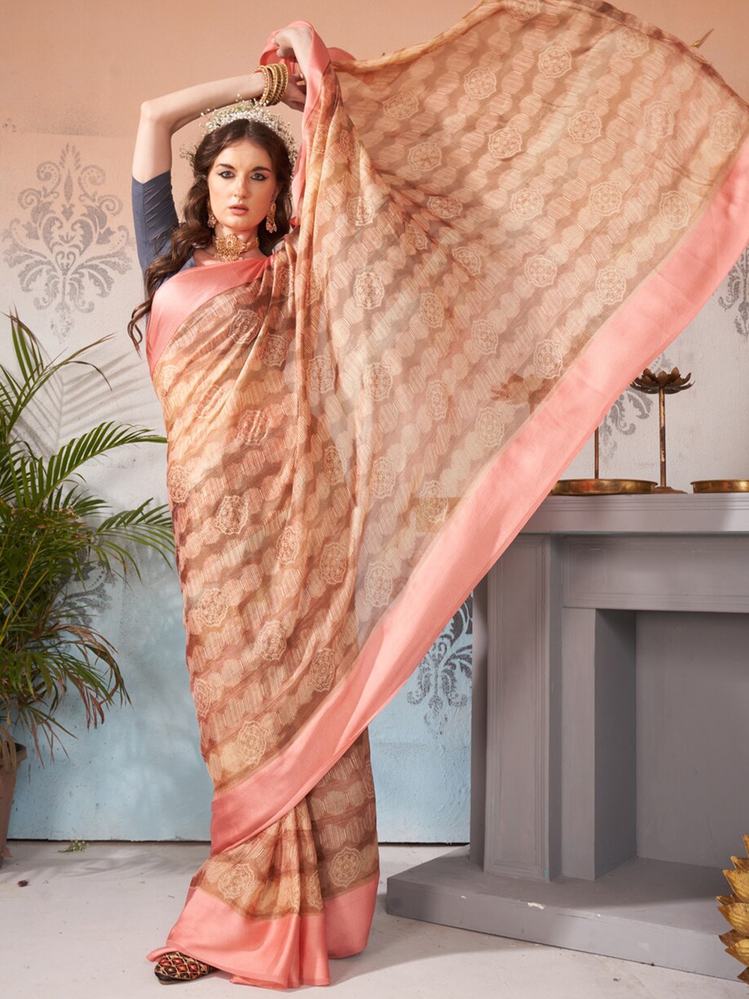 

KALINI Ethnic Motifs Printed Brasso Saree, Peach