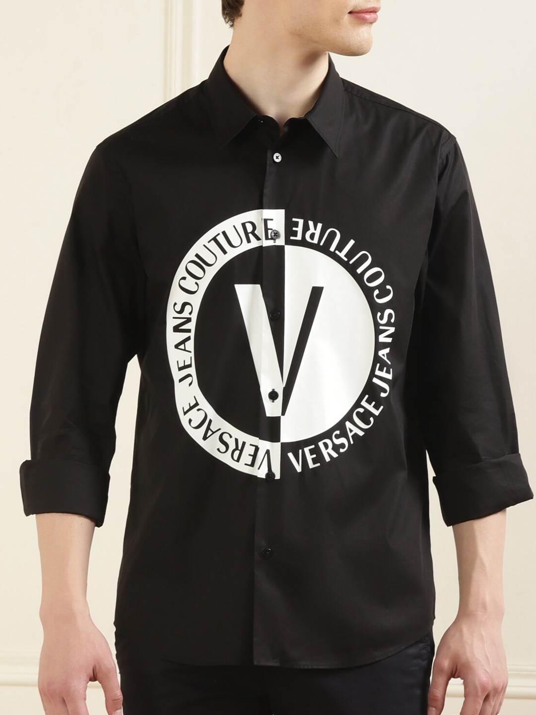 

Versace Jeans Couture Typography Printed Pure Cotton Casual Shirt, Black