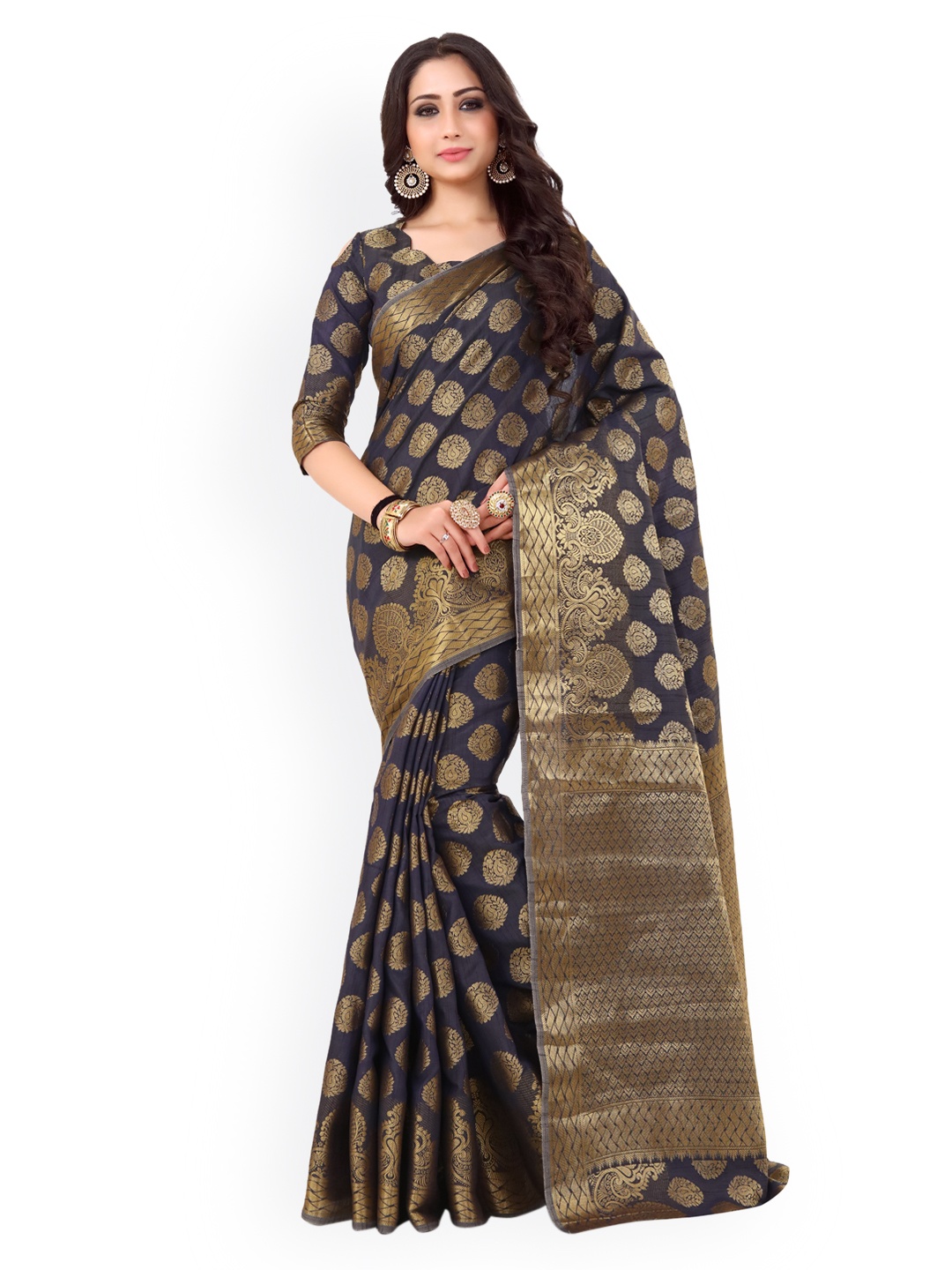 

MIMOSA Navy Blue & Gold-Toned Art Silk Embellished Kanjeevaram Saree