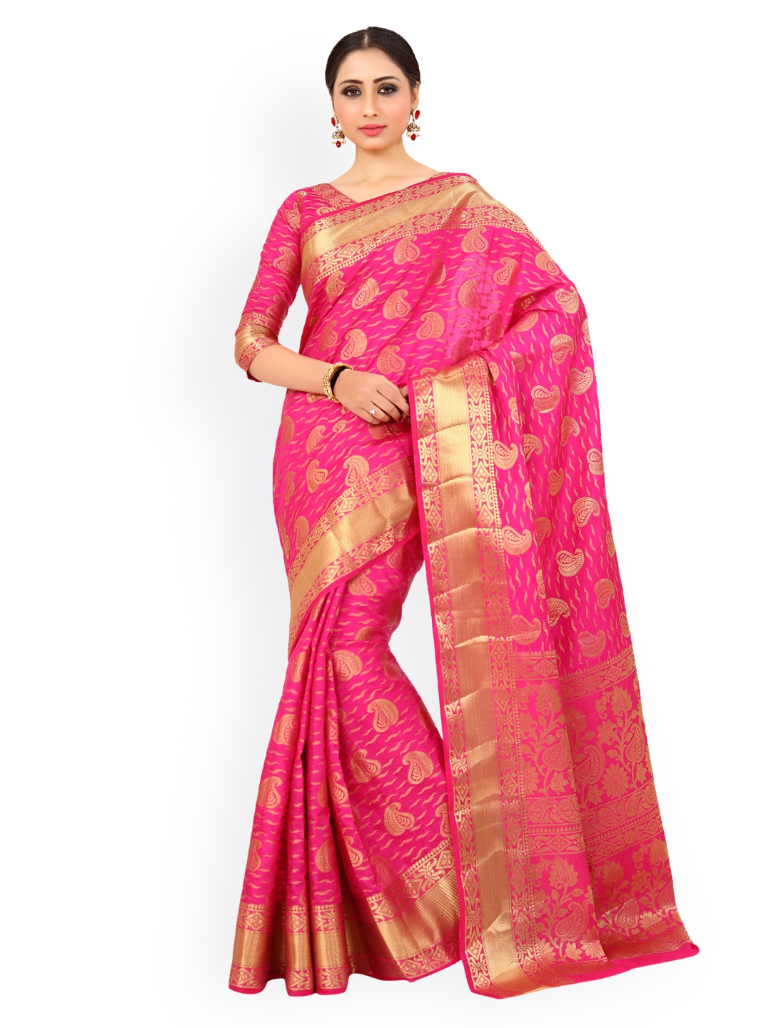 

MIMOSA Pink & Gold-Toned Art Silk Woven Design Kanjeevaram Saree