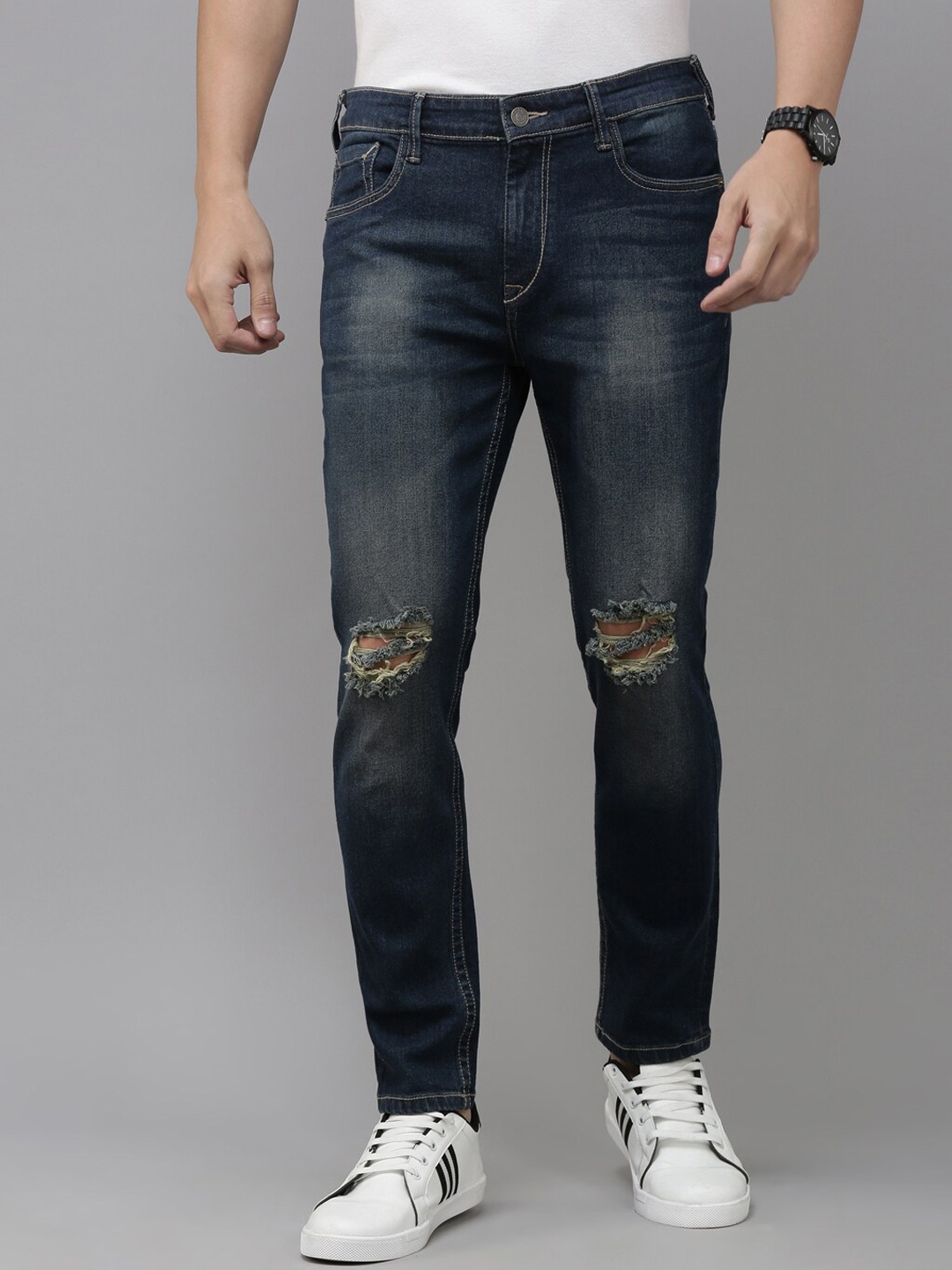 

Old Grey Men Mid Rise Slim Fit Slash Knee Stretchable Jeans, Blue
