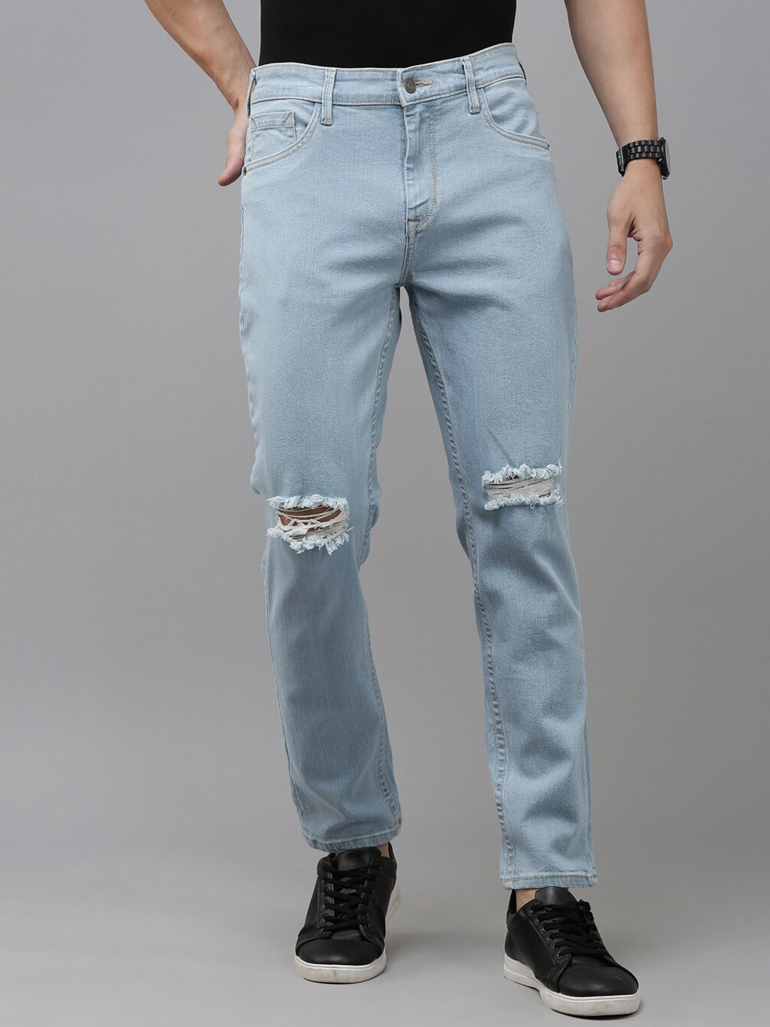 

Old Grey Men Slim Fit Mid-Rise Slash Knee Denim Stretchable Jeans, Blue