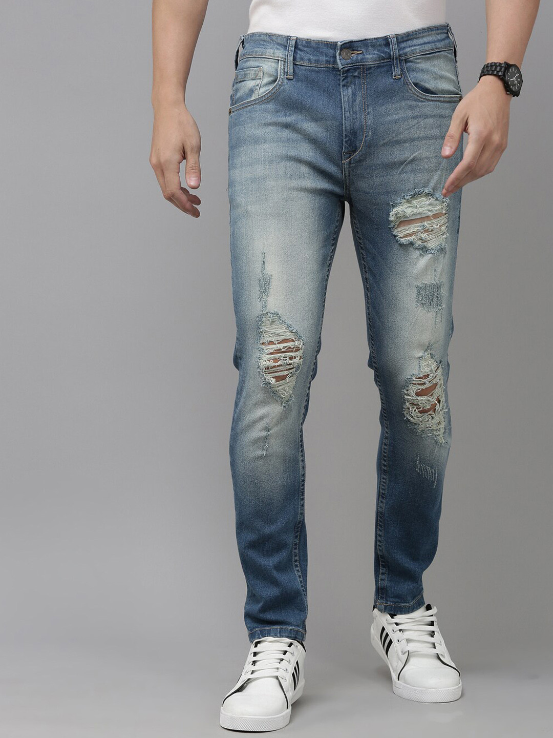 

Old Grey Men Mid Rise Slim Fit Highly Distressed Heavy Fade Stretchable Jeans, Blue