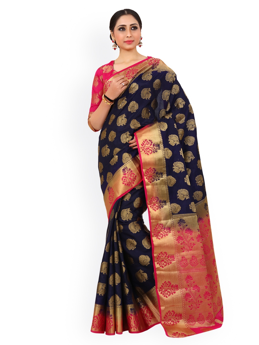 

MIMOSA Navy Blue & Navy Blue Art Silk Woven Design Kanjeevaram Saree