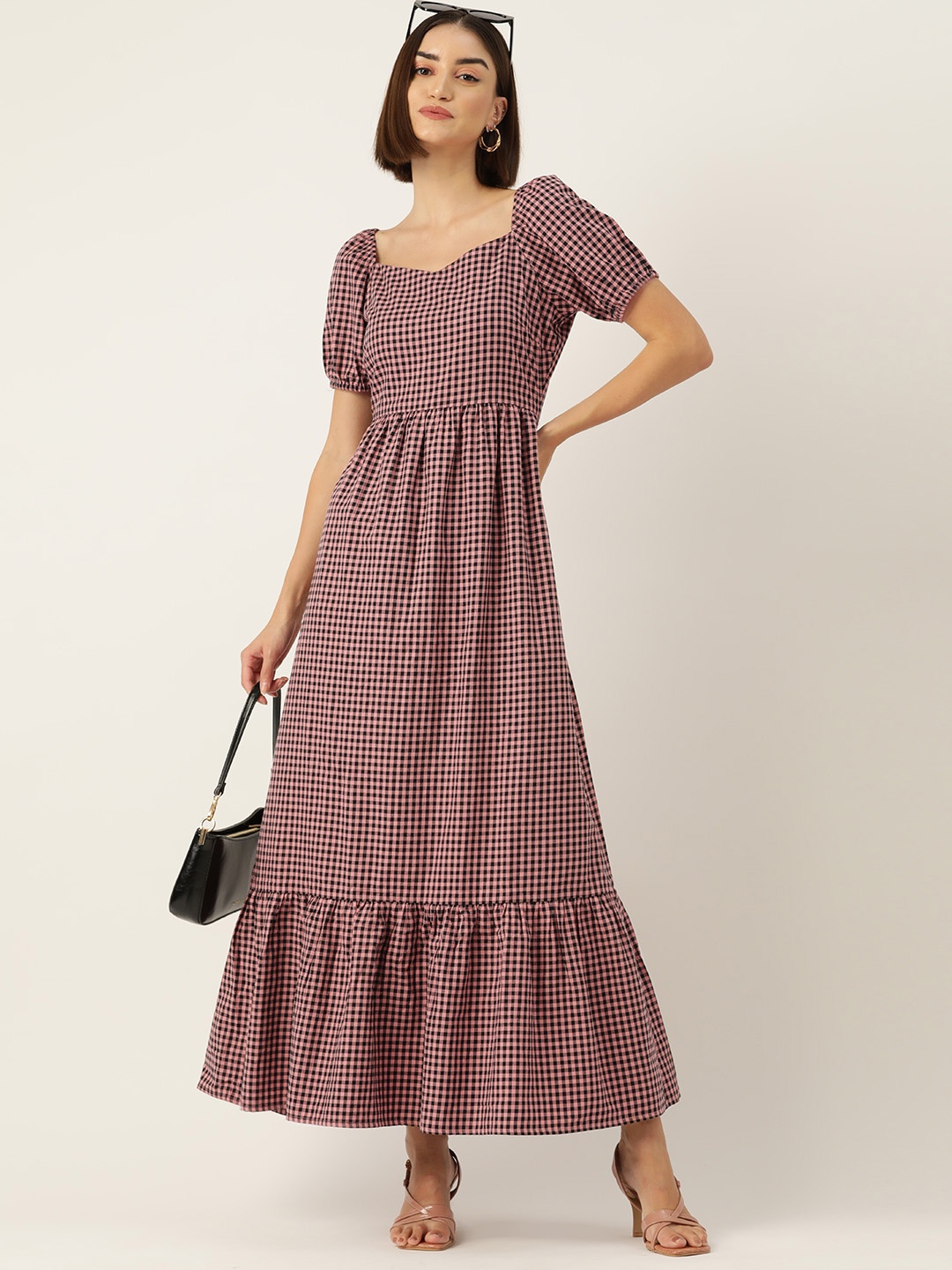 

DressBerry Checked Puff Sleeve A-Line Cotton Maxi Dress, Pink