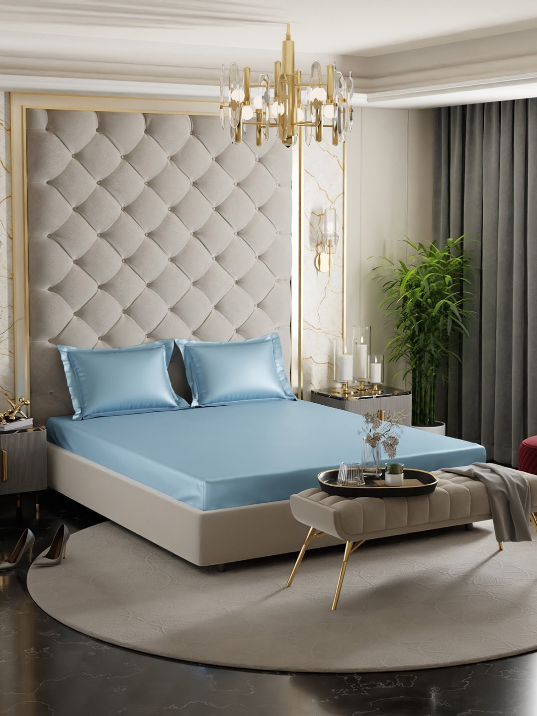 

Stoa Paris Date Night Blue 300 TC Fitted King Satin Bedsheet with 2 Pillow Covers