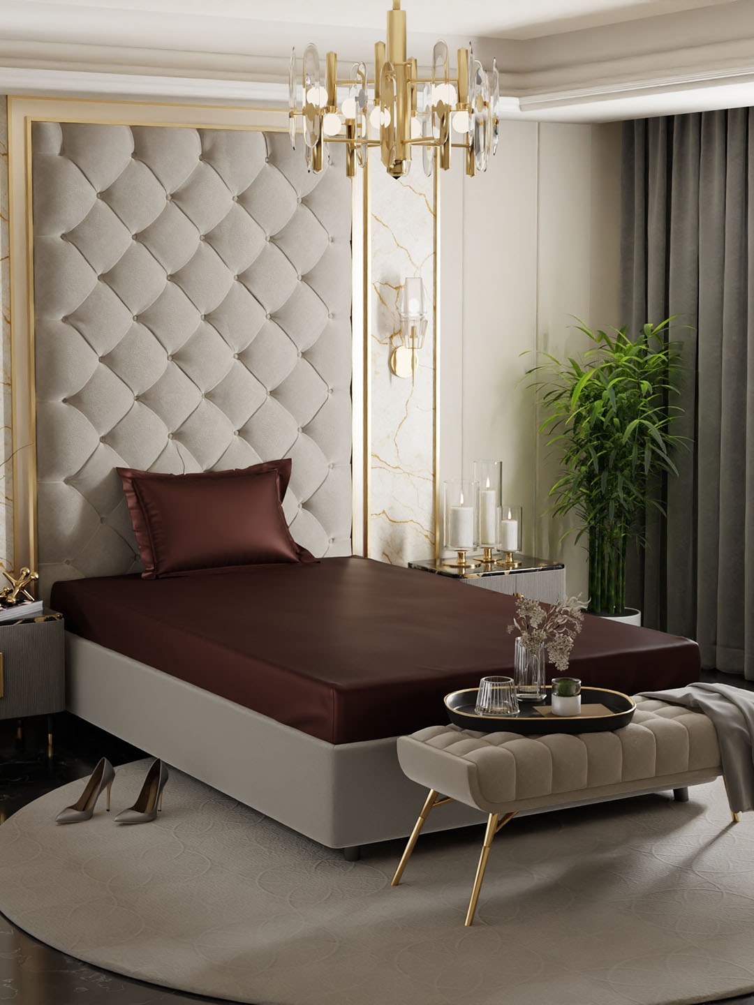 

Stoa Paris Coffee Brown 300 TC Fitted Single Satin Bedsheet with 1 Pillow Covers