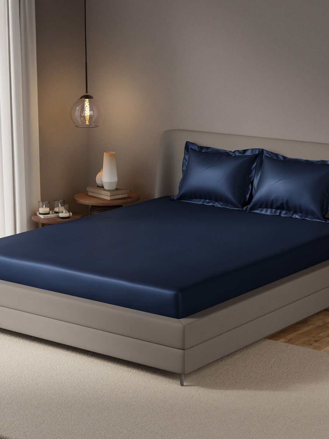 

Stoa Paris Date Night Blue Polyester 300 TC Queen Fitted Satin Bedsheet With 2 Pillow Covers