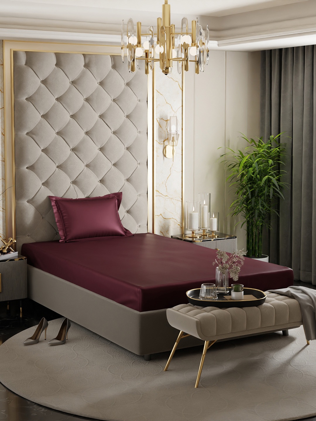 

Stoa Paris Date Night Maroon 300 TC Fitted Single Satin Bedsheet with 1 Pillow Covers