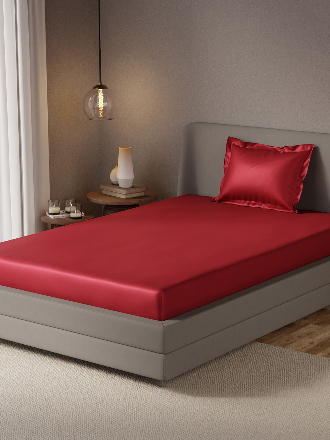 

Stoa Paris Date Night 300 TC Satin Fitted Single Sheet with 1 Pillow Cover, Red
