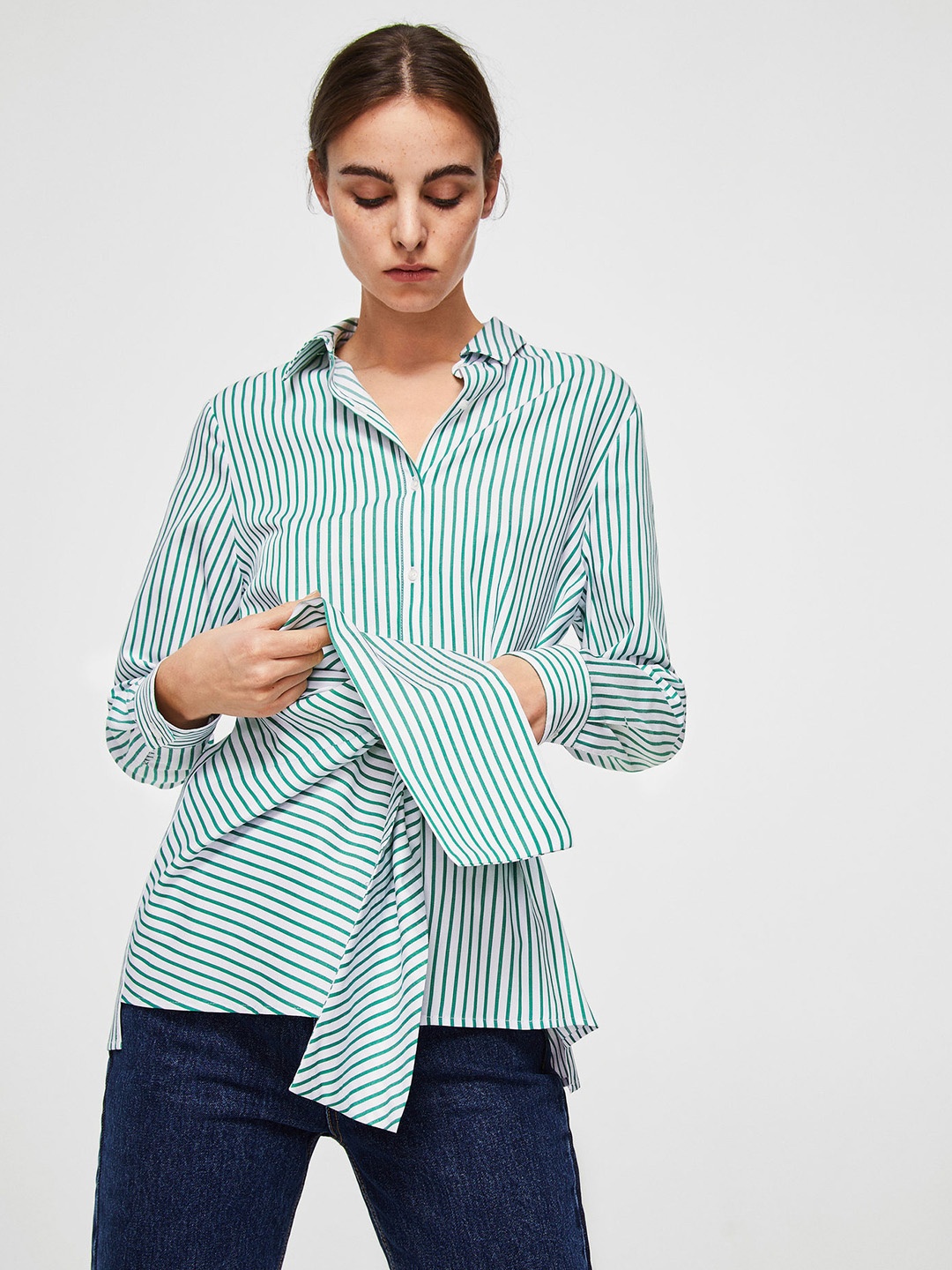 

MANGO Women White & Green Striped Shirt Style Pure Cotton Top