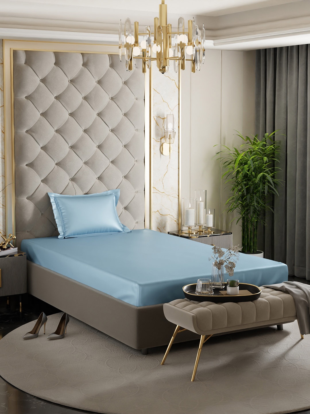 

Stoa Paris Date Night Dreamy Blue 300 TC Single Satin Fitted Sheet with 1 Pillow Cover