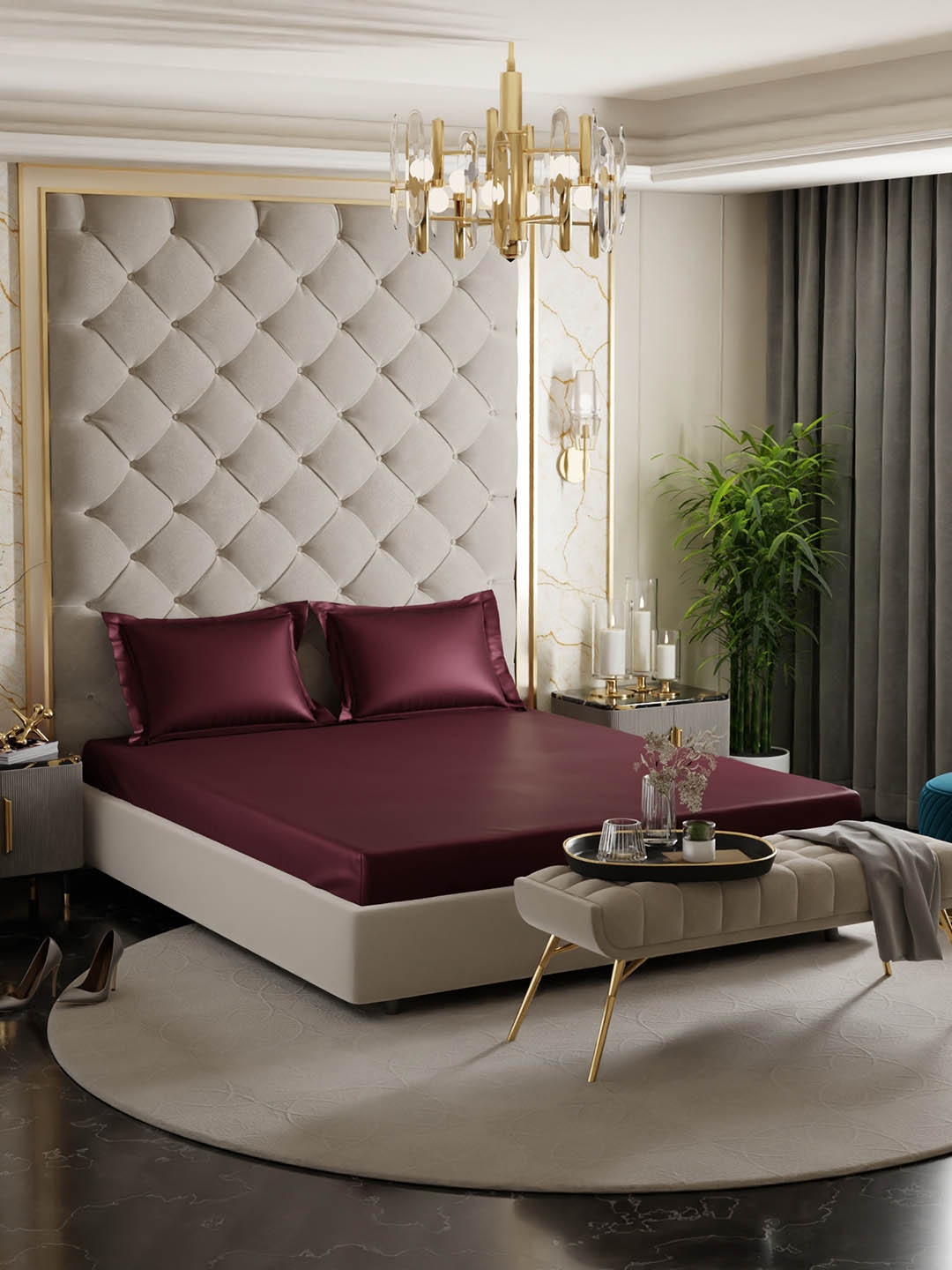 

Stoa Paris Date Night Maroon Polyester 300 TC Queen Fitted Satin Bedsheet with 2 Pillow Covers