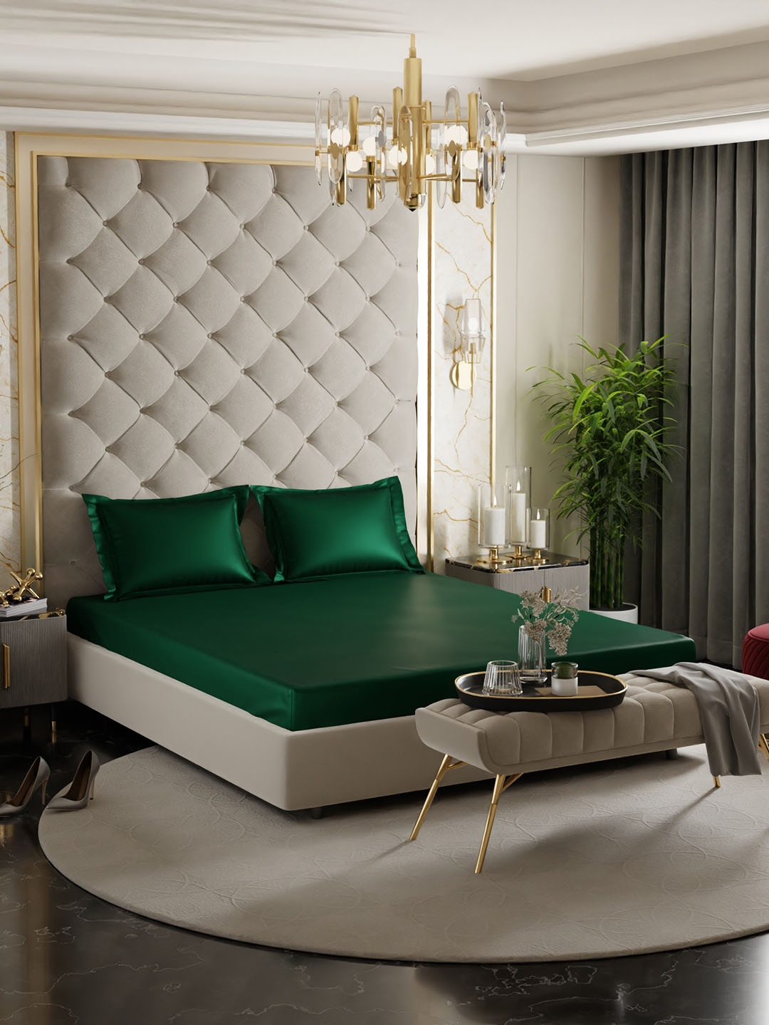

Stoa Paris Date Night Green Polyester 300 TC Queen Fitted Satin Bedsheet With 2 Pillow Covers
