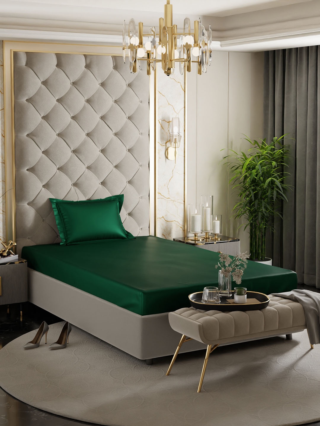 

Stoa Paris Date Night Green 300 TC Fitted Single Satin Bedsheet with 1 Pillow Covers