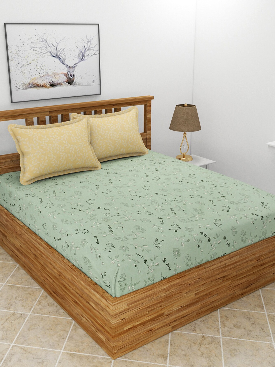 

MORADO Green Floral 210 TC King Bedsheet with 2 Pillow Covers