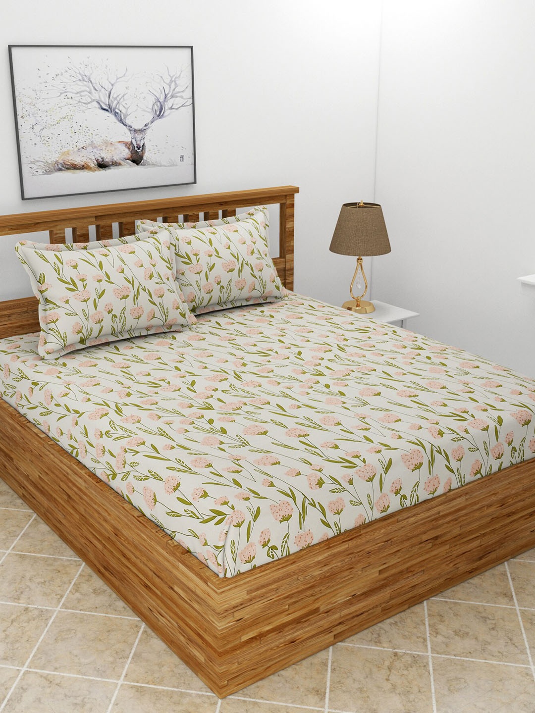 

MORADO Green & Pink Floral Polycotton 210 TC Queen Bedsheet With 2 Pillow Covers