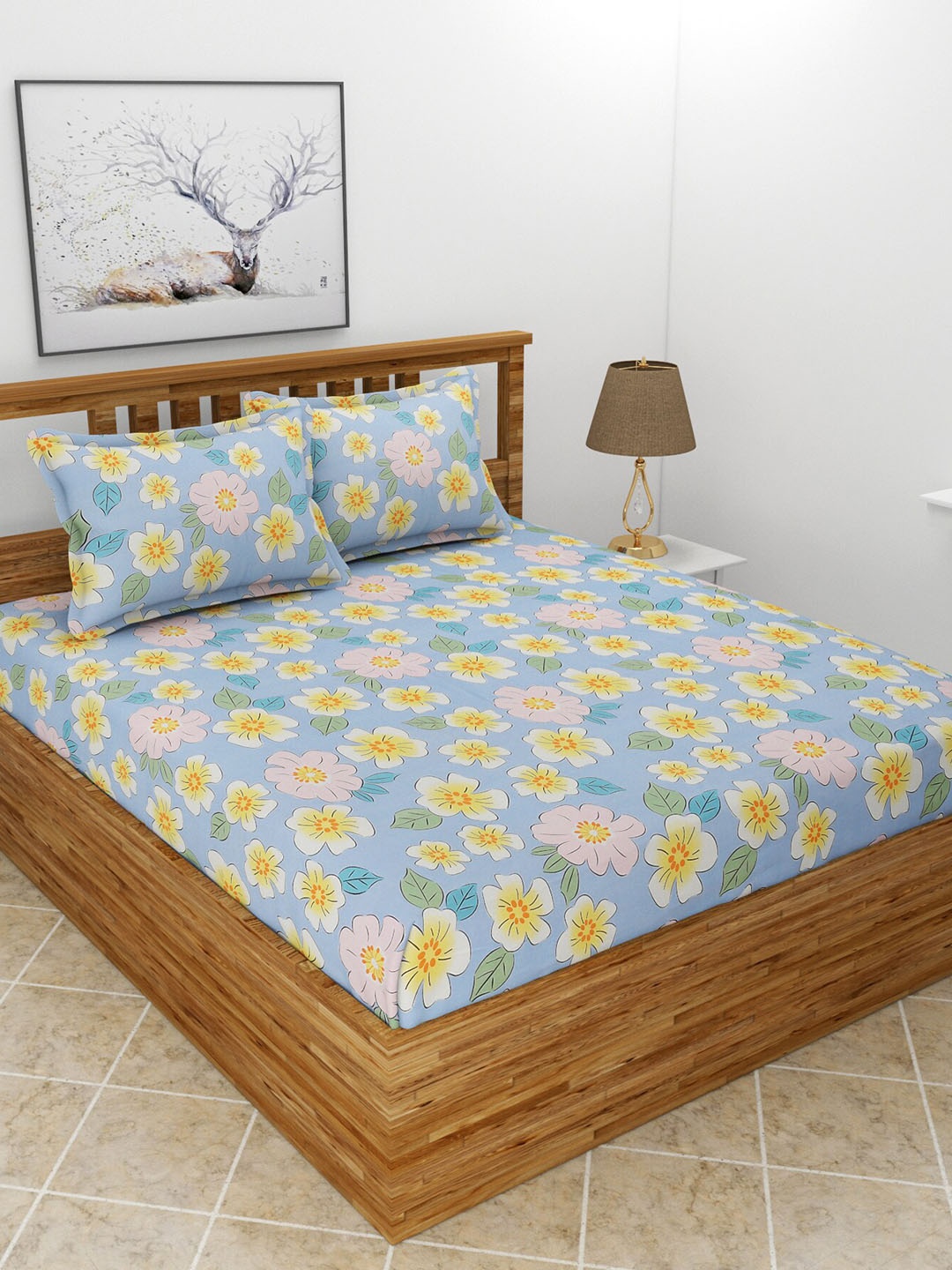 

MORADO Blue & Yellow Floral 210 TC Queen Bedsheet with 2 Pillow Covers