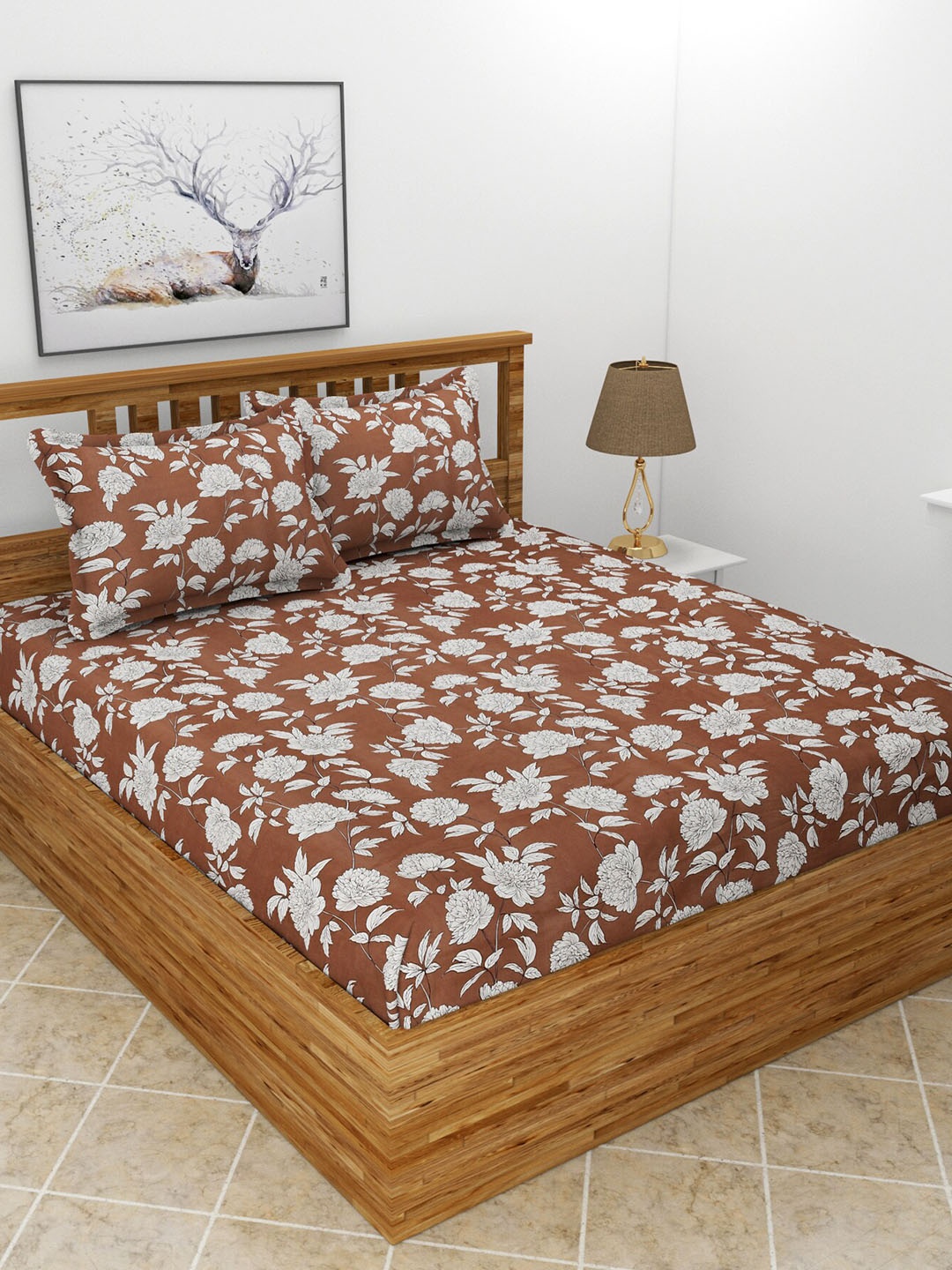 

MORADO Brown & White Floral Polycotton 210 TC Queen Bedsheet With 2 Pillow Covers