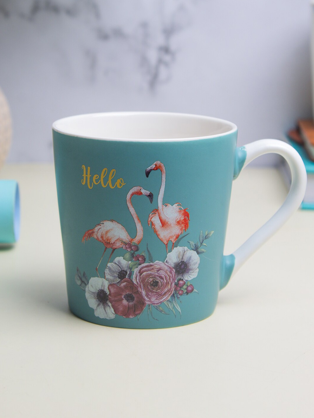 

MARKET99 Turquoise Blue & Pink Flamingo Printed Ceramic Matte Mug 400 ml