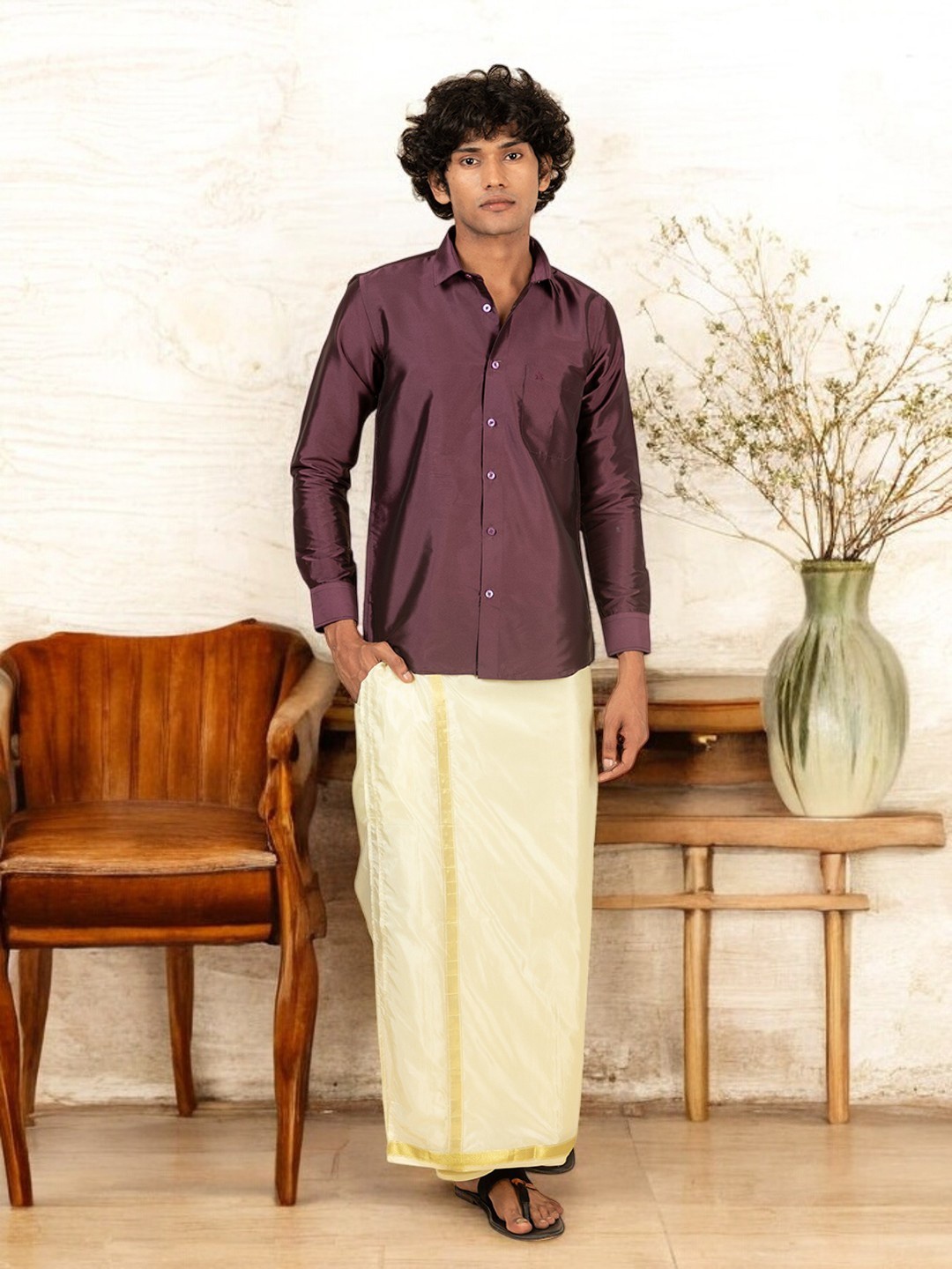 

TATTVA Relaxed Slim Fit Opaque Ethnic Shirt, Purple