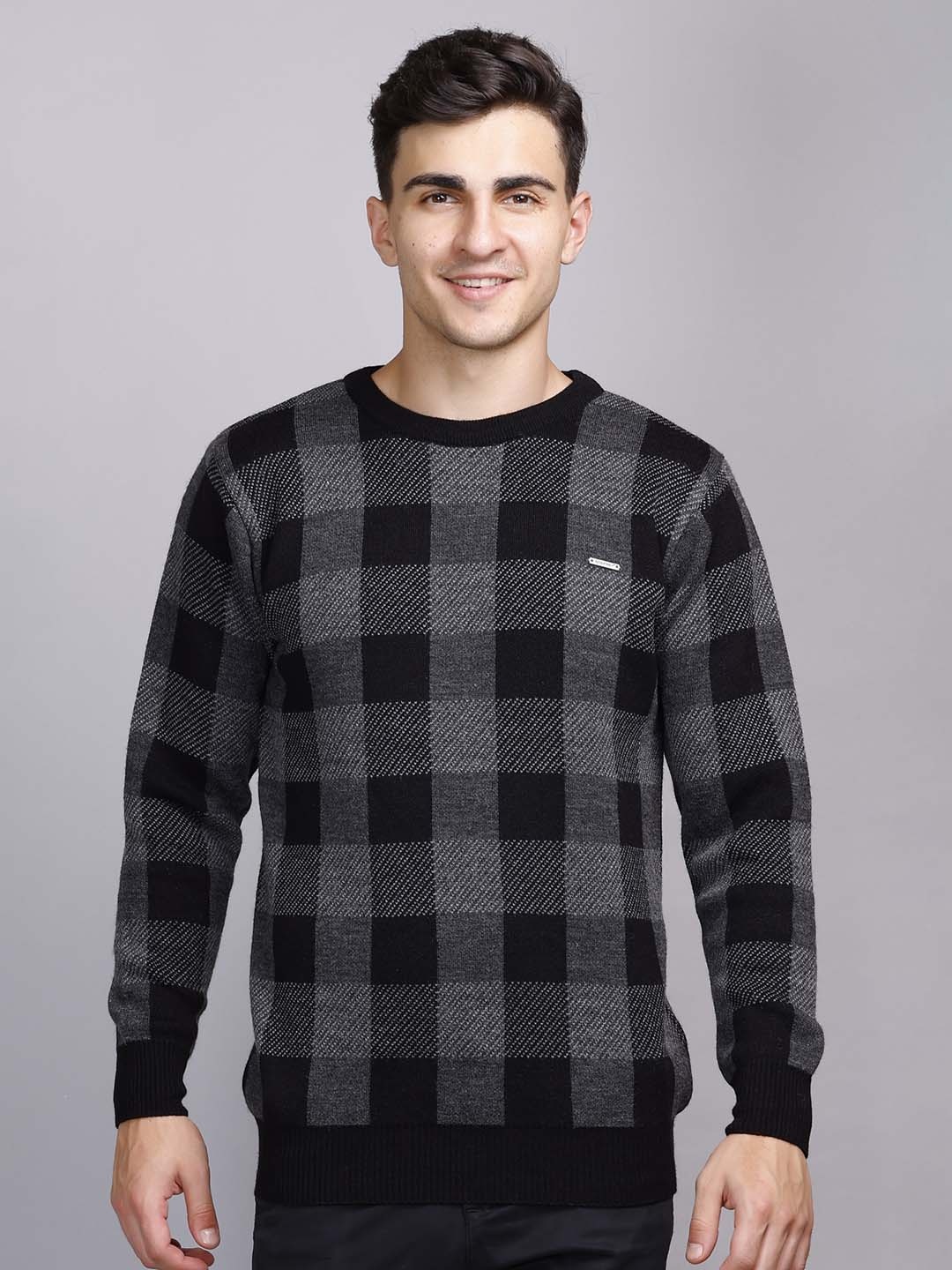 

GODFREY Checked Round Neck Long Sleeves Acrylic Pullover, Black