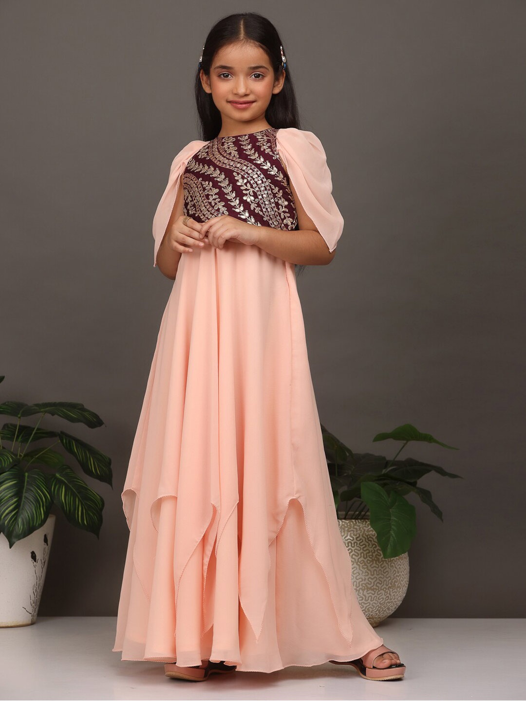 

Ethnovog Embroidered Layered Sequined Cap Sleeves Georgette Maxi Gown, Peach
