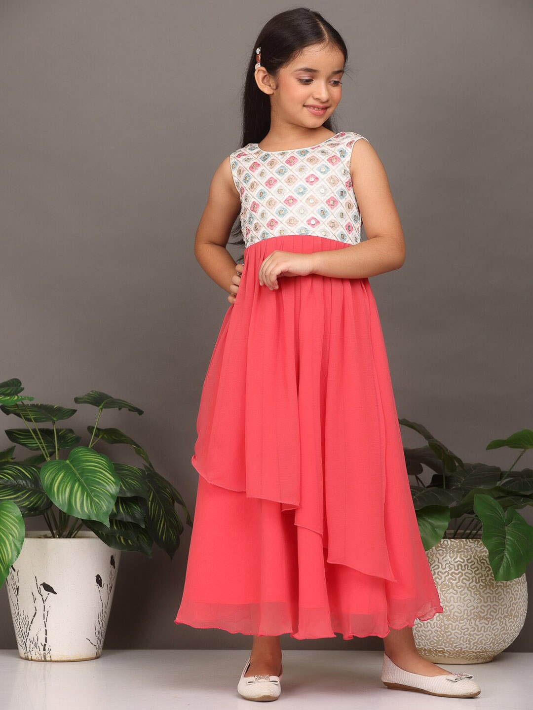 

Ethnovog Embroidered Georgette Fit & Flare Maxi Dress, Pink