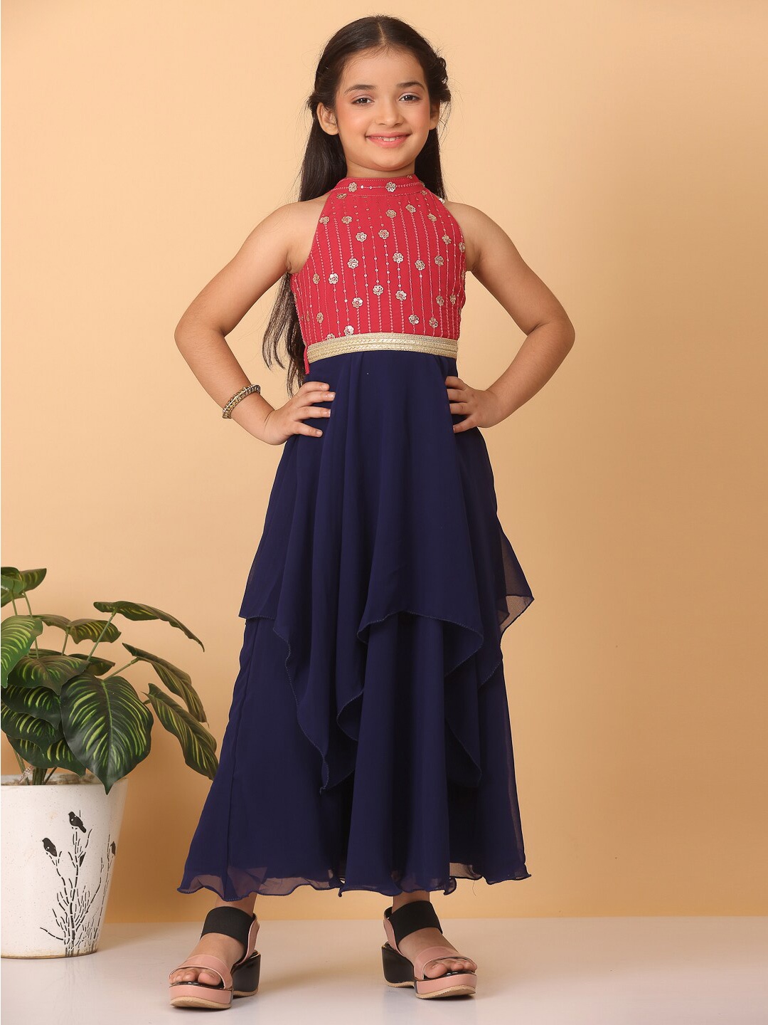 Ethnovog Embellished Sequinned Detailed Halter Neck Fit & Flare Ethnic Dress, Navy blue
