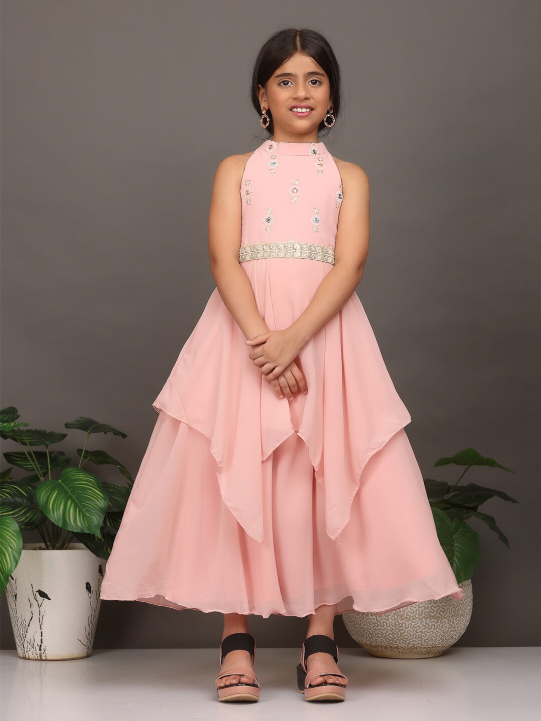 

Ethnovog Girls Embroidered Georgette Maxi Ethnic Dresses, Pink