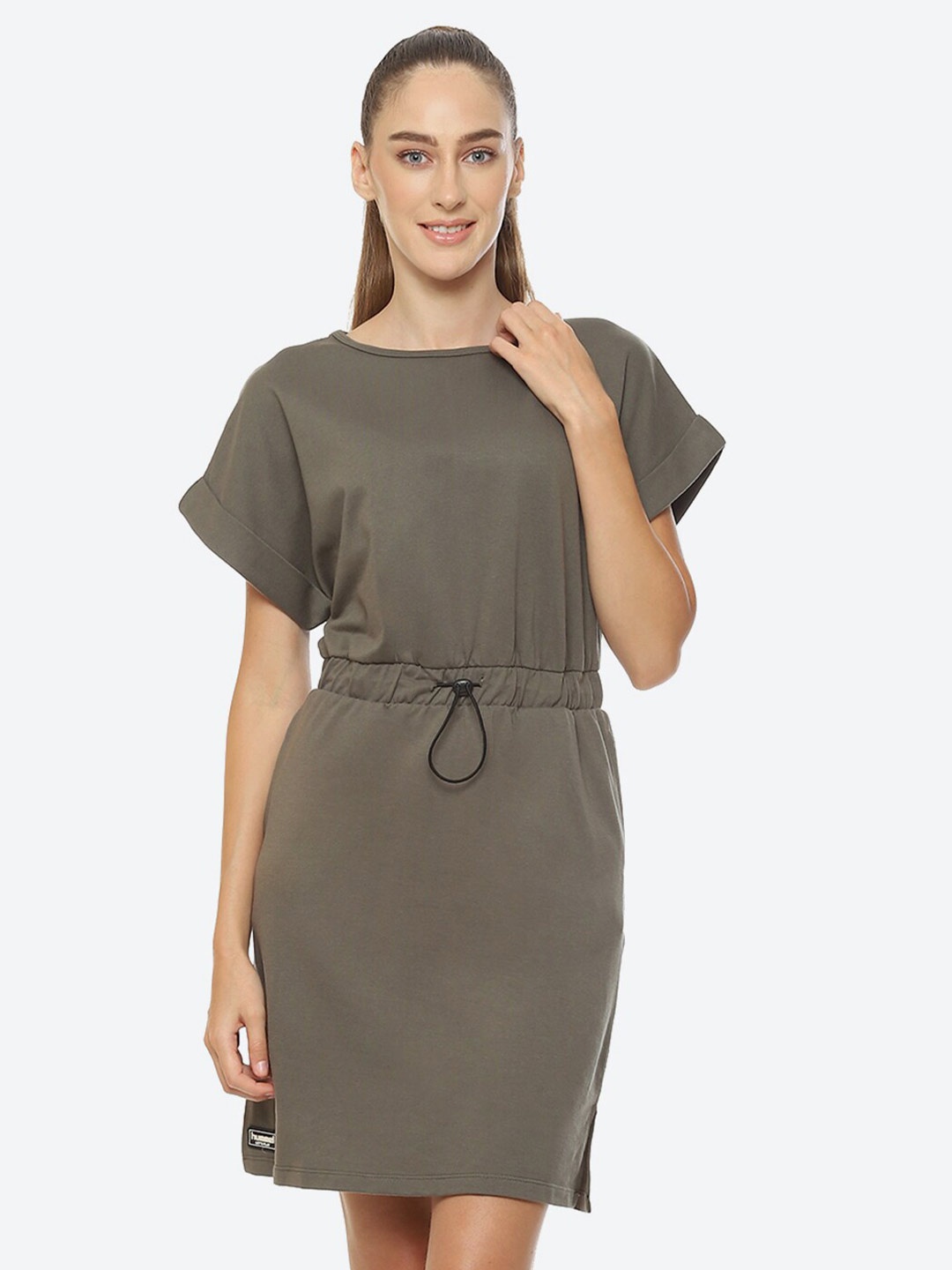 

hummel Round Neck Extended Sleeves Tie-Up Detail Cotton A-Line Dress, Green