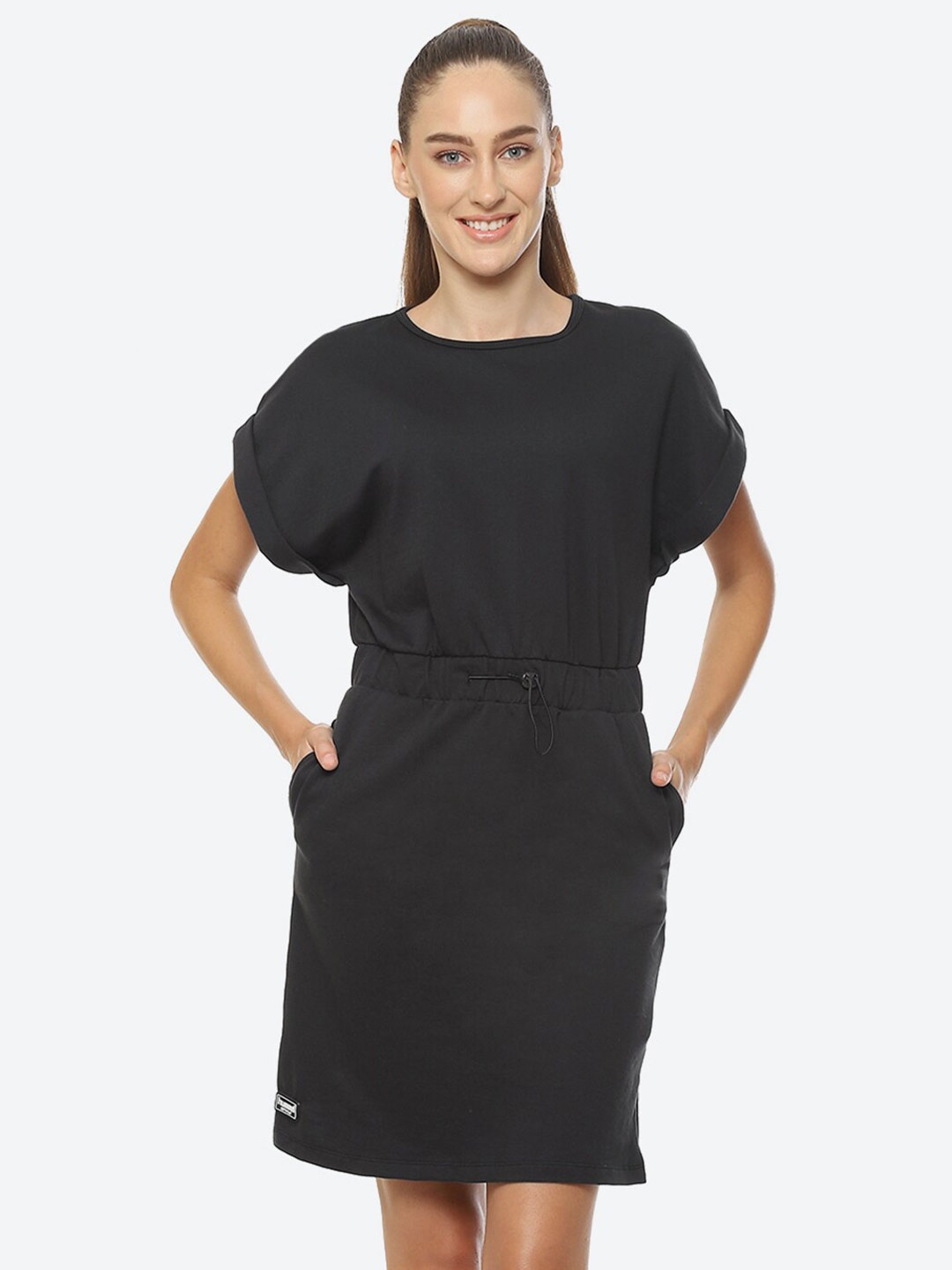 

hummel Round Neck Extended Sleeves Tie-Up Detail Cotton A-Line Dress, Black