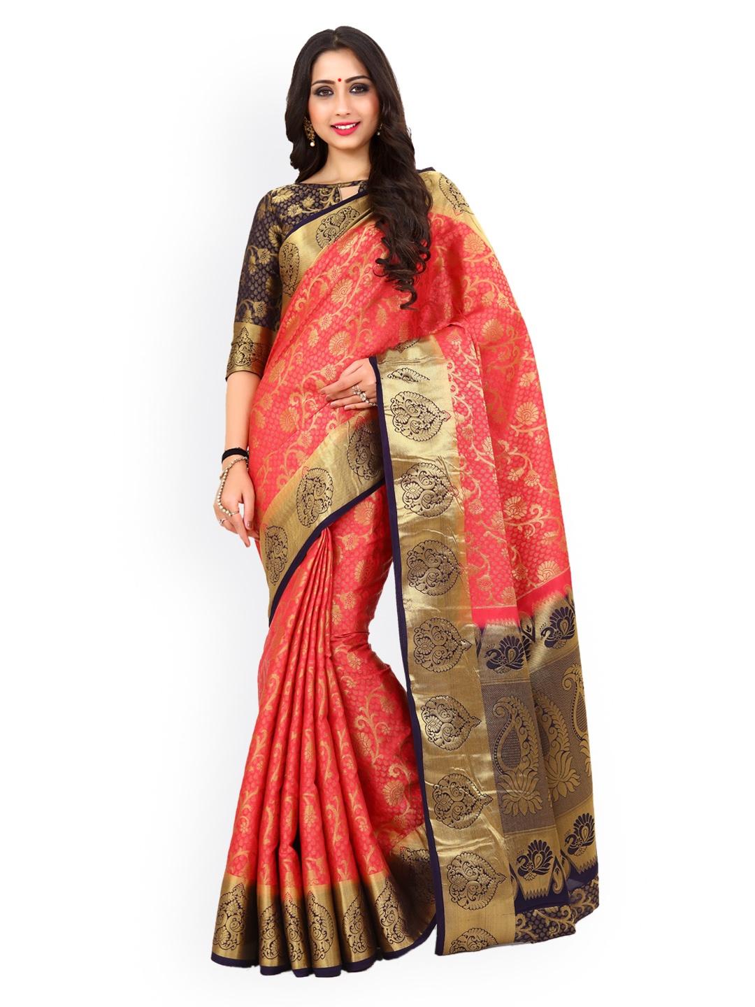 

MIMOSA Coral & Gold-Toned Art Silk Embellished Kanjeevaram Saree