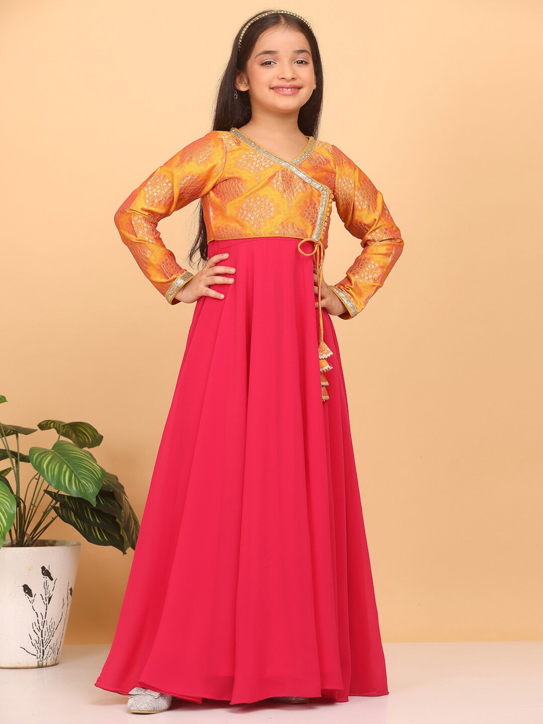 

Ethnovog Girls Floral Printed V-Neck Georgette Maxi Ethnic Dresses, Pink