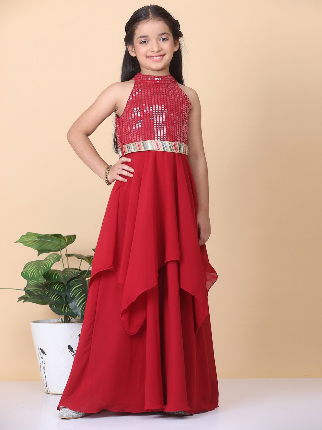 

Ethnovog Embellished Layered Belted Georgette Maxi Fit & Flare Dress, Maroon