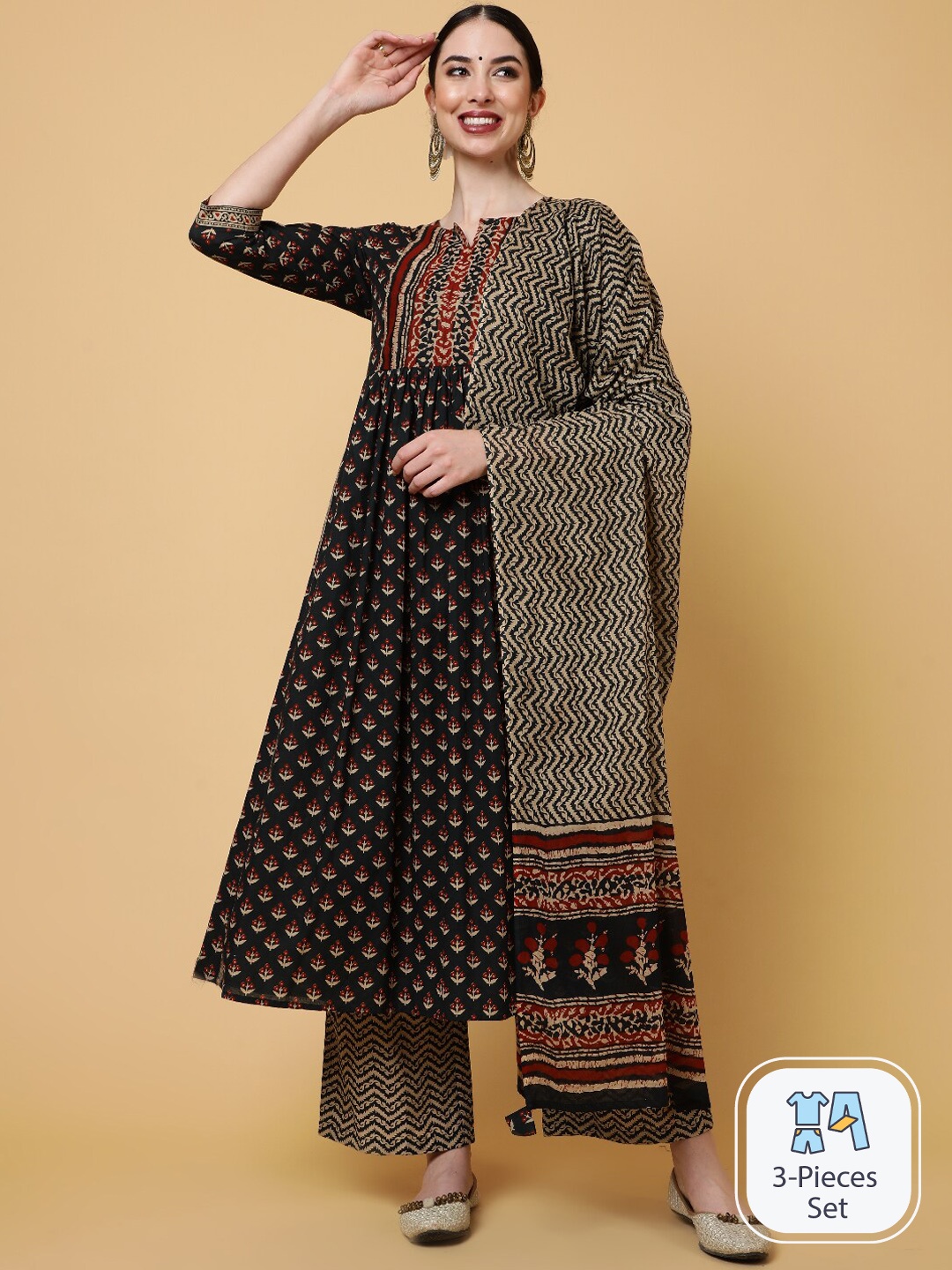 

AADAT Floral Printed Pure Cotton A-line Kurta With Palazzos & Dupatta, Black