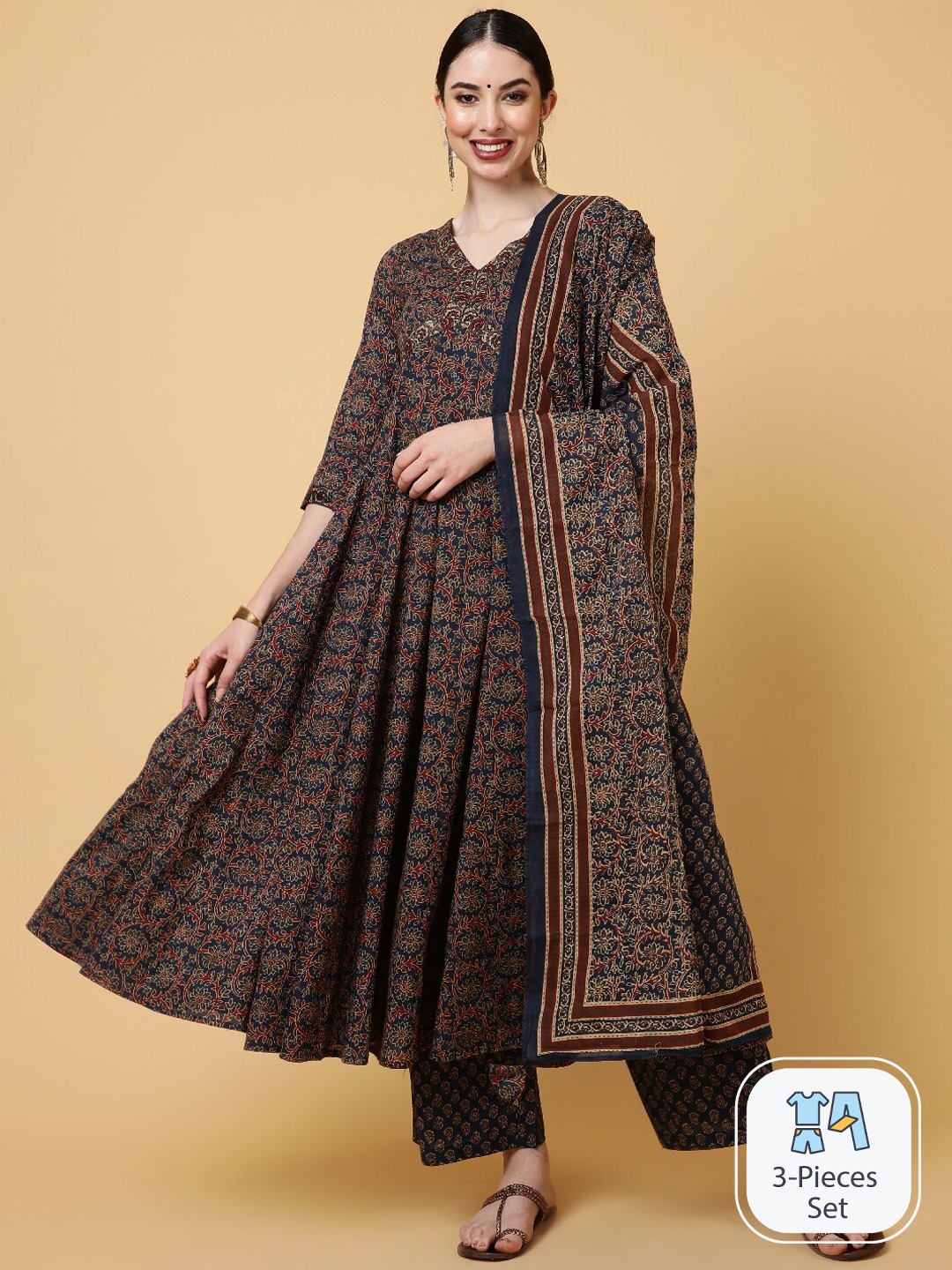 

AADAT Floral Printed Pure Cotton Anarkali Kurta & Palazzos With Dupatta, Navy blue