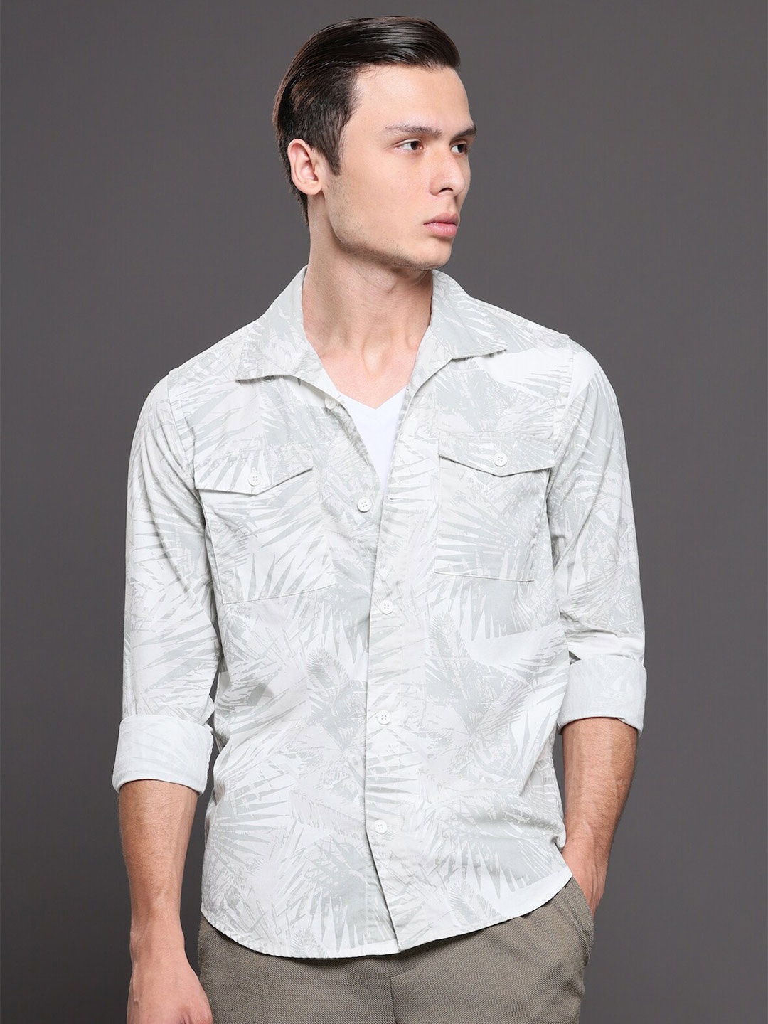 

POE Classic Slim Fit Tropical Printed Pure Cotton Casual Shirt, Beige