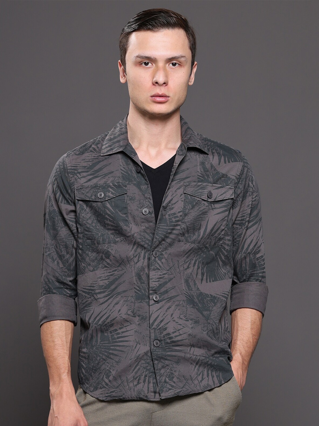 

POE Classic Slim Fit Tropical Printed Pure Cotton Casual Shirt, Grey
