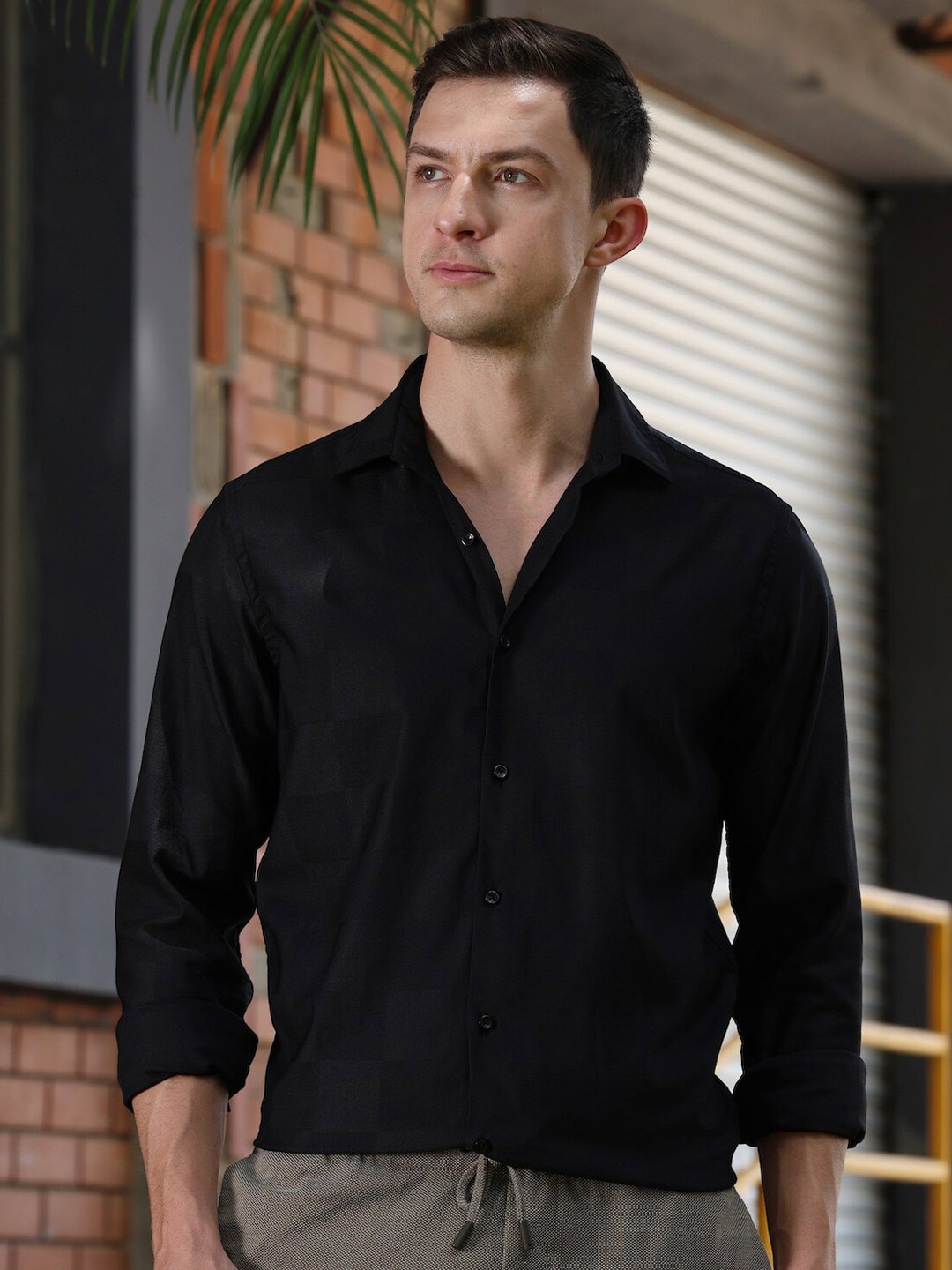 

POE Classic Slim Fit Checked Casual Shirt, Black