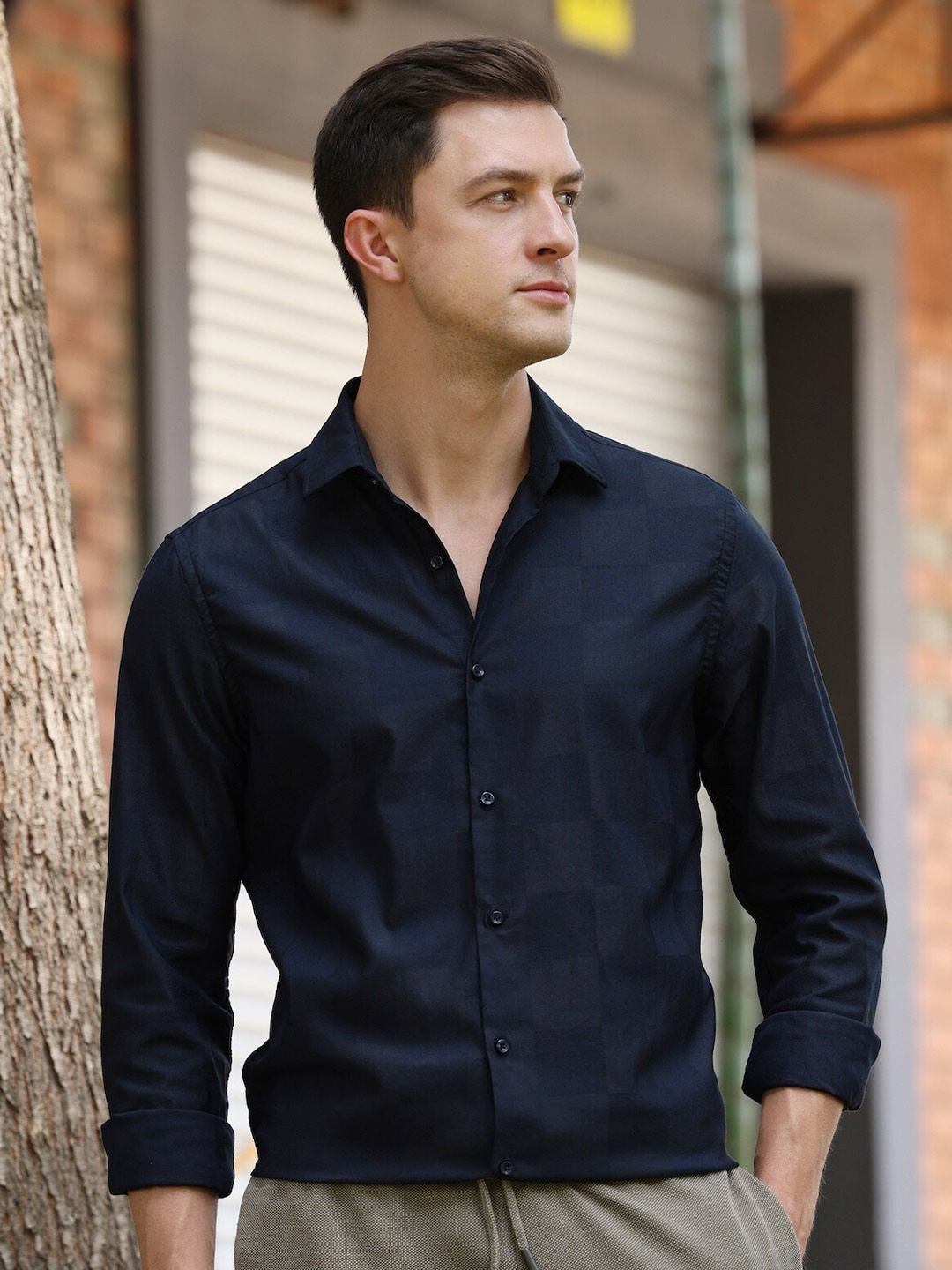 

POE Classic Slim Fit Checked Casual Shirt, Navy blue