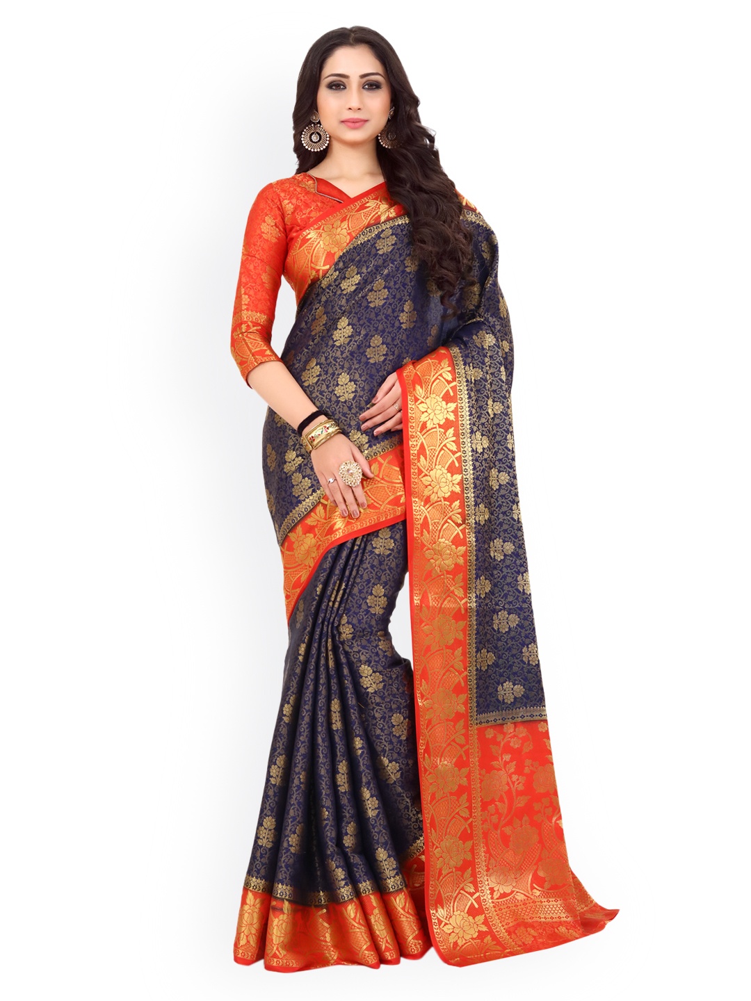 

MIMOSA Navy Blue & Gold-Toned Art Silk Woven Design Kanjeevaram Saree