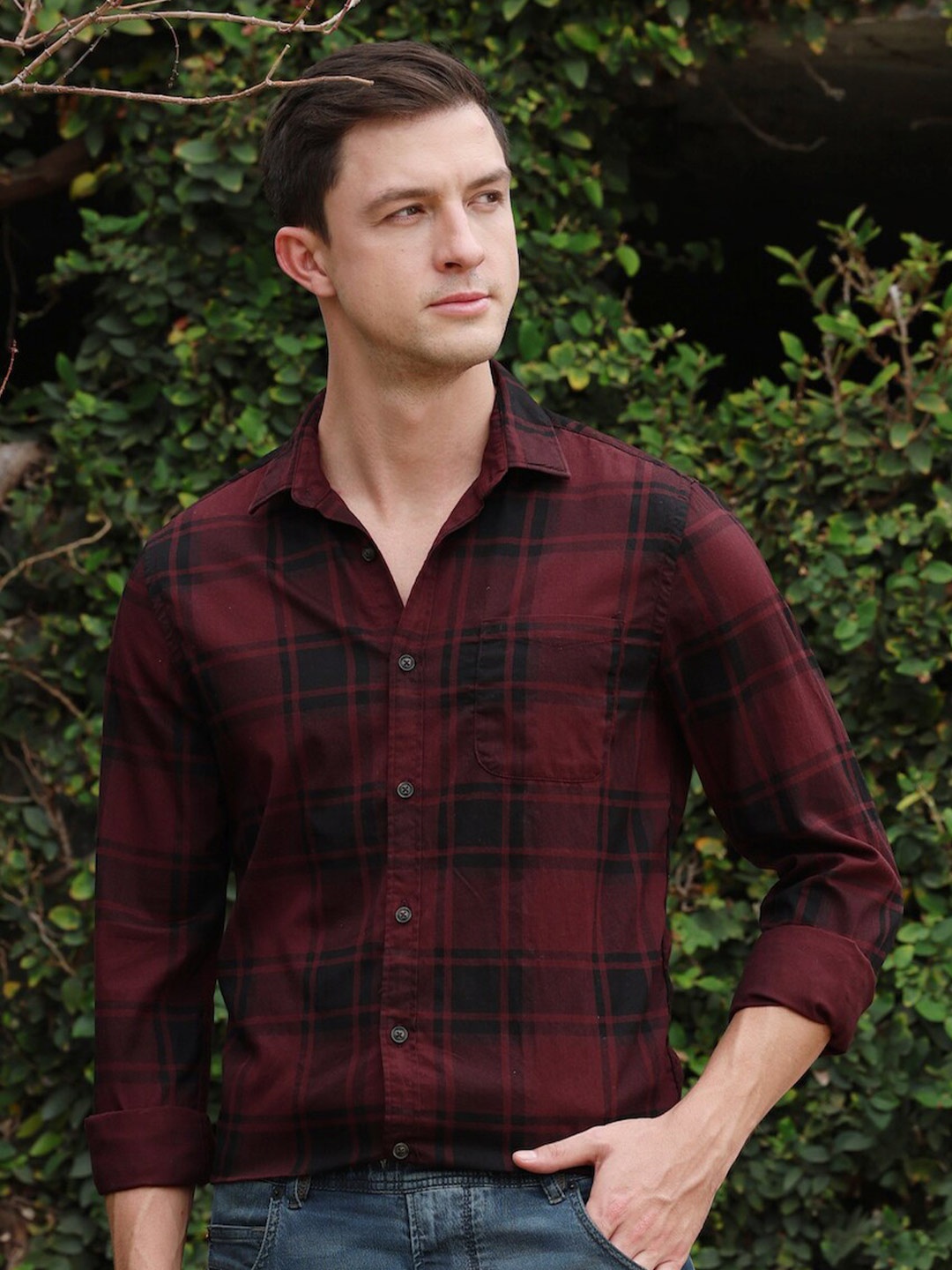 

POE Classic Slim Fit Tartan Checked Pure Cotton Casual Shirt, Burgundy