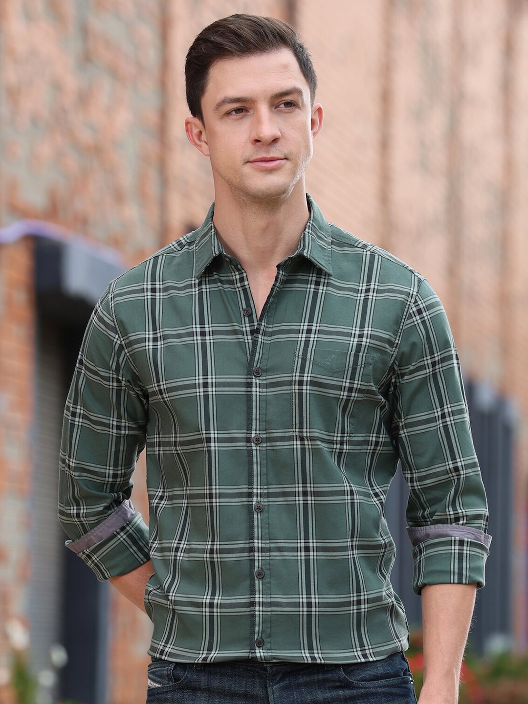 

POE Classic Slim Fit Tartan Checked Casual Shirt, Green