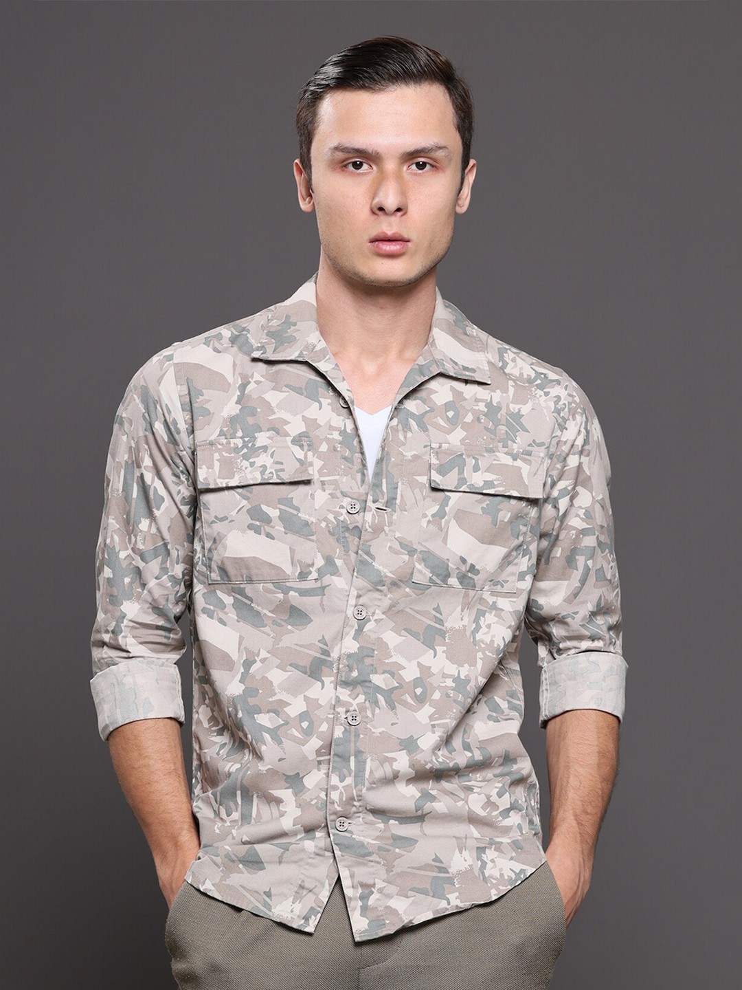 

POE Classic Slim Fit Abstract Printed Pure Cotton Casual Shirt, Beige