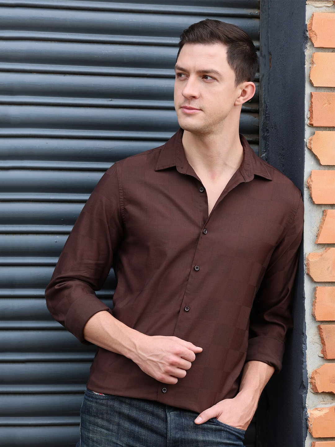 

POE Classic Slim Fit Checked Casual Shirt, Brown